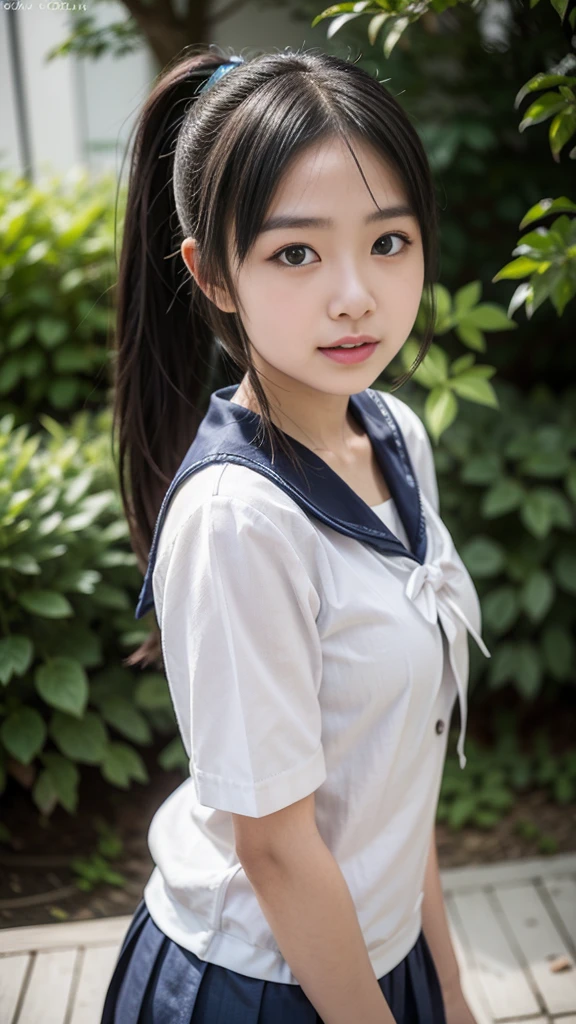 (top-quality、​masterpiece)、Neat and clean schoolgirl、petite person、13yo girl、Ponytail with black hair、Blouse with white collar、Red checked miniskirt、white  panties、beauitful face、(slim, Small, Flat, Small)、Detailed eyes、Black eyes、Double eyelids、outside of house、the wind、shinny skin、blurry backround、