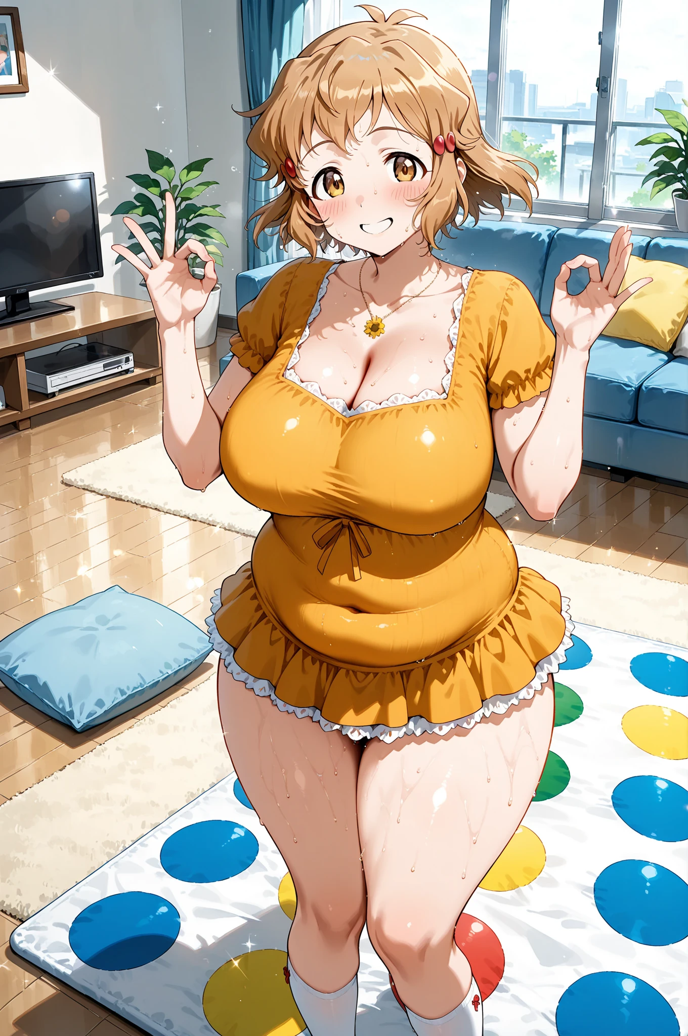 masterpiece, highest quality, High resolution, One girl, solo, sexual intercourse, Pornographic images, short hair, etsukoto, brown Eyes, fine grain, fine grain, (((Thick thighs, Plump thighs, Voluptuous thighs, Thighs alone are enough))), Huge and ample breasts, Cleavage, big long breasts, Naughty big,((big breasts are important))、((Naughty thighs)), L Cup, (thin:1.4),(Tight waist:1.4),  (yellow micro dress:1.4), ((white waist apron)), smile, open mouth, blush, white panties,  (((Simple Background))), ((Wide Hips)), Shiny, Oily skin, Mature mother, Calf, Seductive mature woman, milf, Perfect body, Plus Size Model, curvy, ample, etsukoto, blush, clavicle, retro artstyle, 1990s (style), (thick thighs:1.4), lying, side on, one leg up,
