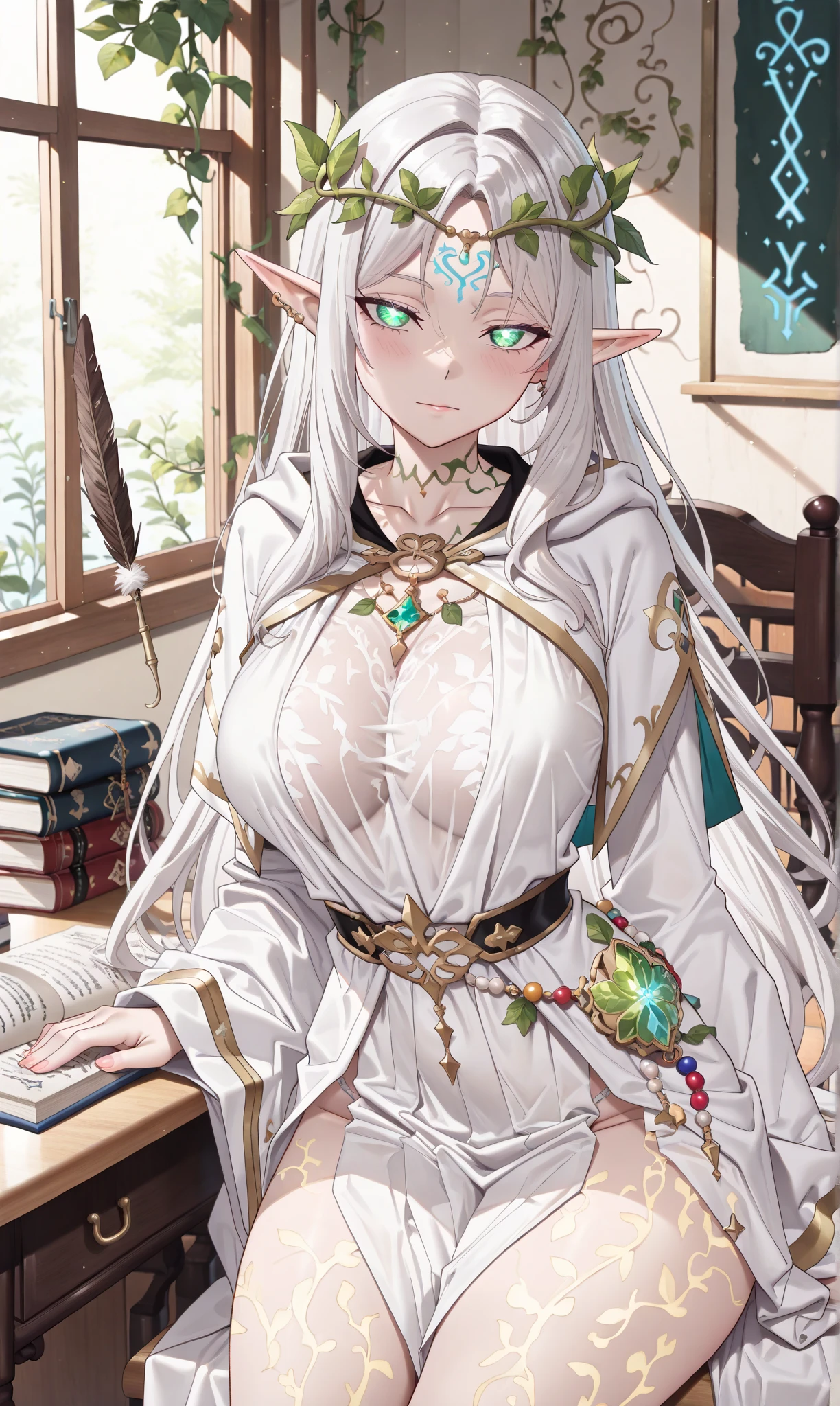 ((Put your hands on your chest)), (surprised)), (Red face), 1 girl closeup, Elf, Silver hair, Red eyes, Braid hair, Bob cut, Wizard, Robe, Ruffles, Tights, Cloak, Library, Mirror, TS, Concept art, Beautiful anime scene, Beautiful anime scene, Best quality, Masterpiece, 4K