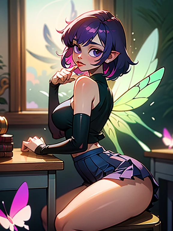 A girl with an angular face and violet eyes, a concentrated and analytical expression.

Short purple hair, styled in a modern and practical cut.

Body with a slim With wide hourglass-shaped hips and a small bust and athletic figure. Light skin. Reflects precision and efficiency.

Dressed in purple and green secy bikini and with fairy wings