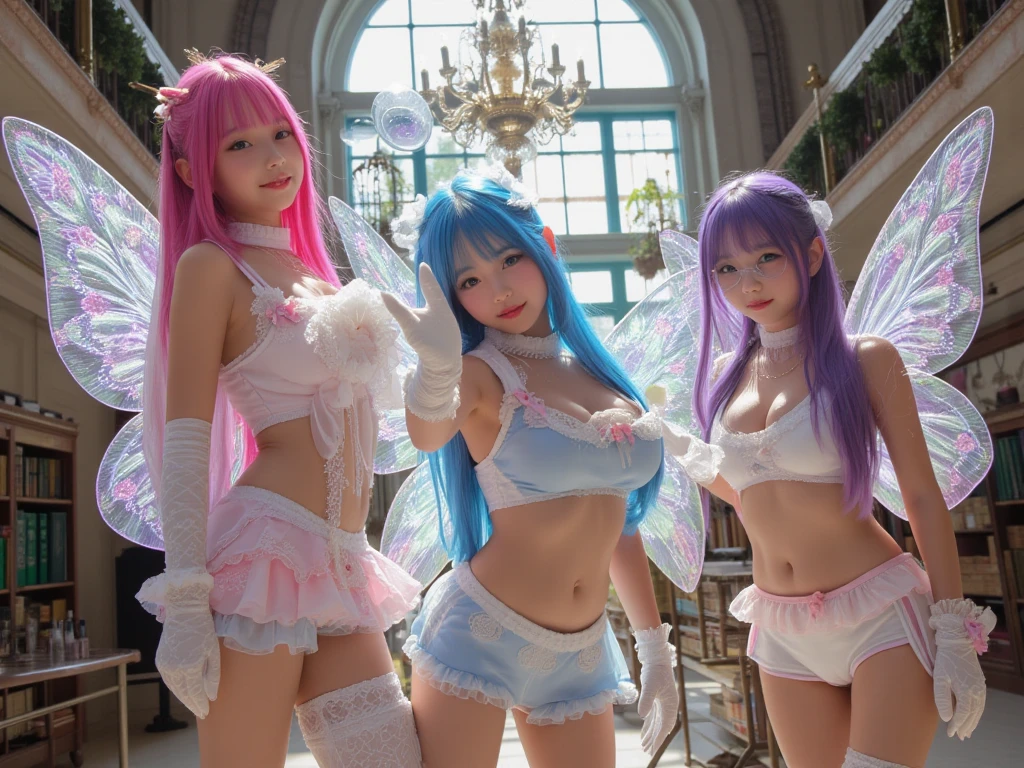 (8K、Live shooting、realistic:1.25)、1 girl、Tinkerbell looks like a 22 year old girl with a beautiful face、on top of an old castle、The moon is out、(silver hair、dance in the air:1.2)、fairy wings are transparent、whole body、luminous bikini swimsuit、Shorts swimsuit、lip gloss、Glossy skin、highest quality、ultra high resolution、