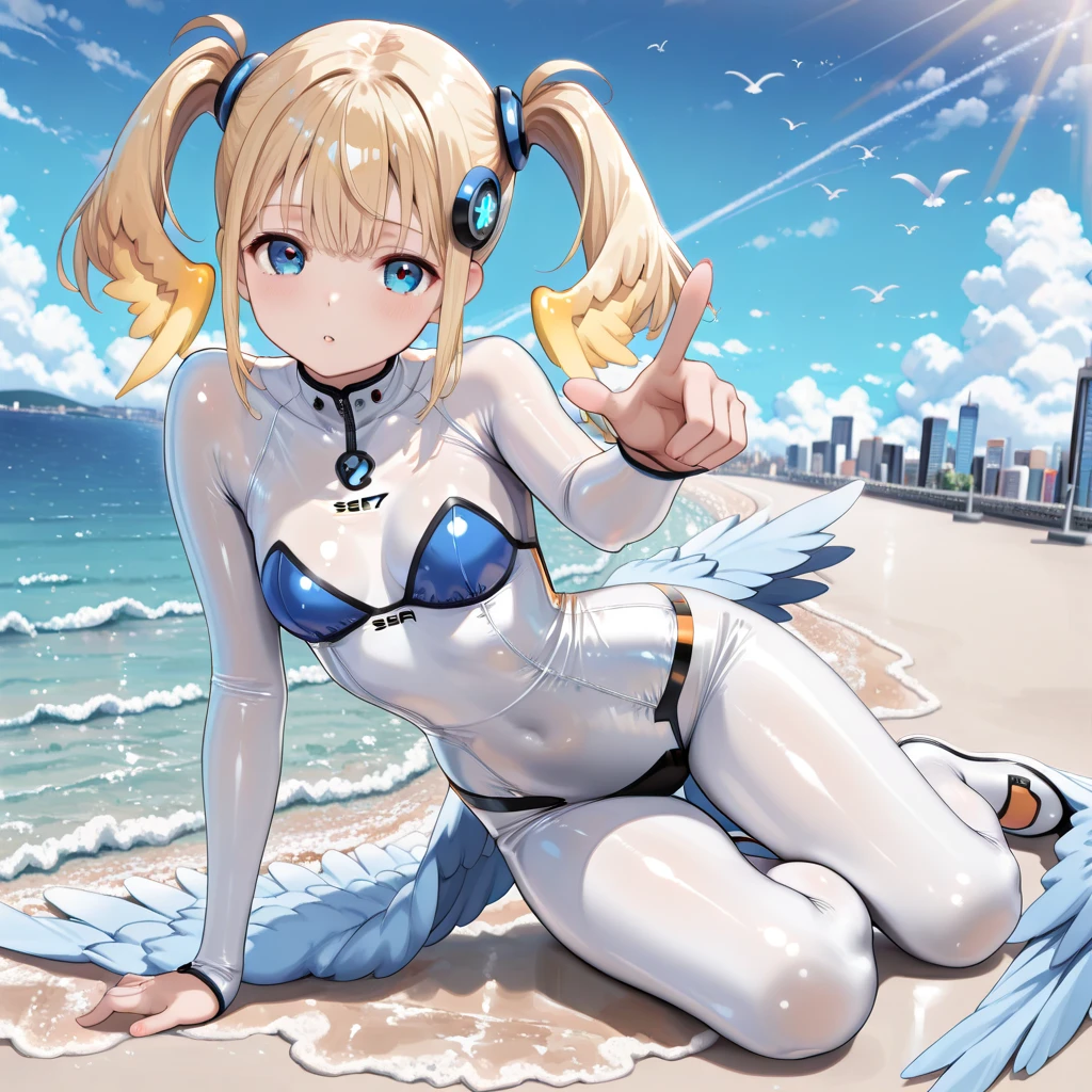 super high quality,Amane Kanata,Cute black swimsuit。。Place your hand on your stomach。,Slender body,Small breasts,whole body。short hair,About play equipment,