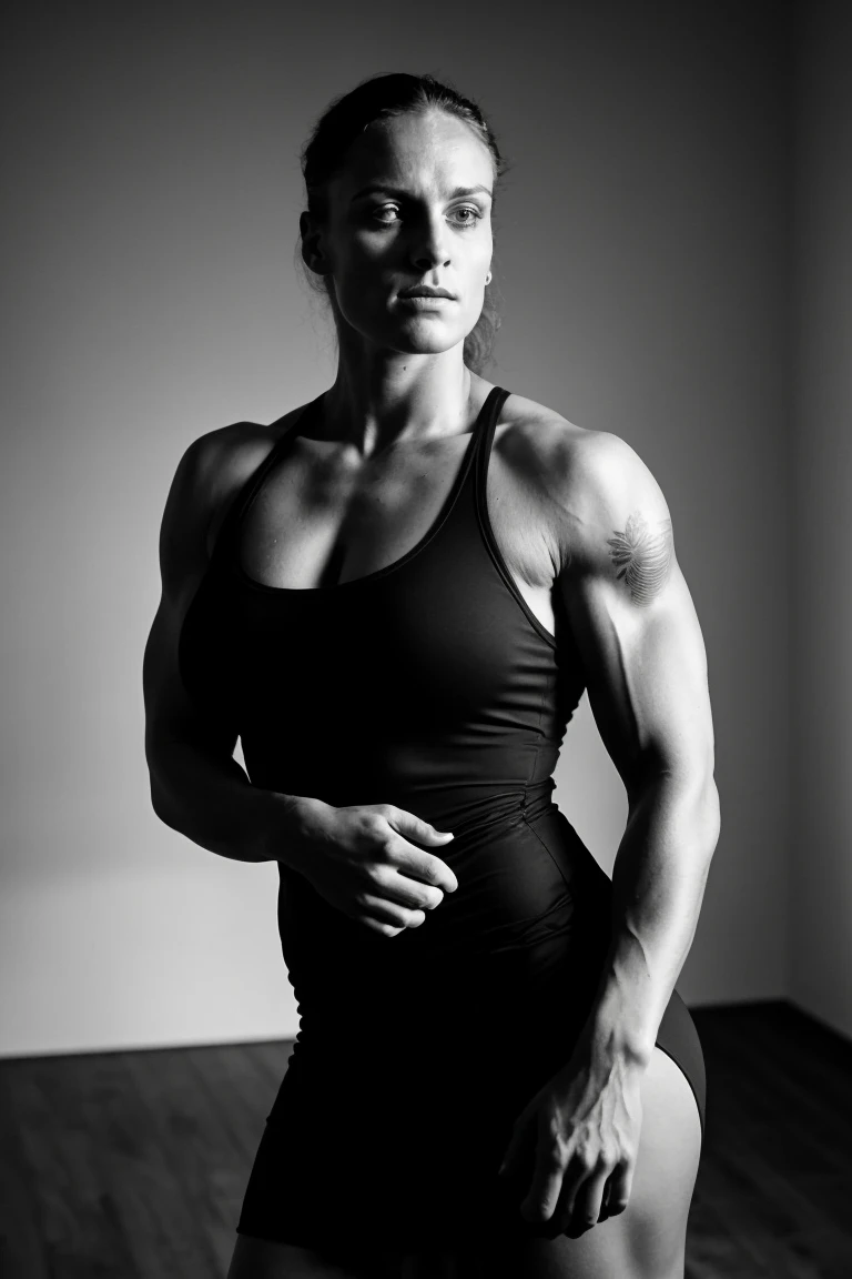 (Muscular:2), (large round breasts:1.1), (large muscular chest and shoulders:1.4), FEMALE, brown hair, long brown hair, (big smile:0), (wearing a tight blue short sleeve Polo shirt and skirt:1.5), looking at viewer, (three quarter view:1.2), upper body view, (sidewalk:1.5), dark lighting, detailed skin, detailed eyes, (dark skin:1.4), (huge round muscles:1.6), (arms crossed:1.5),