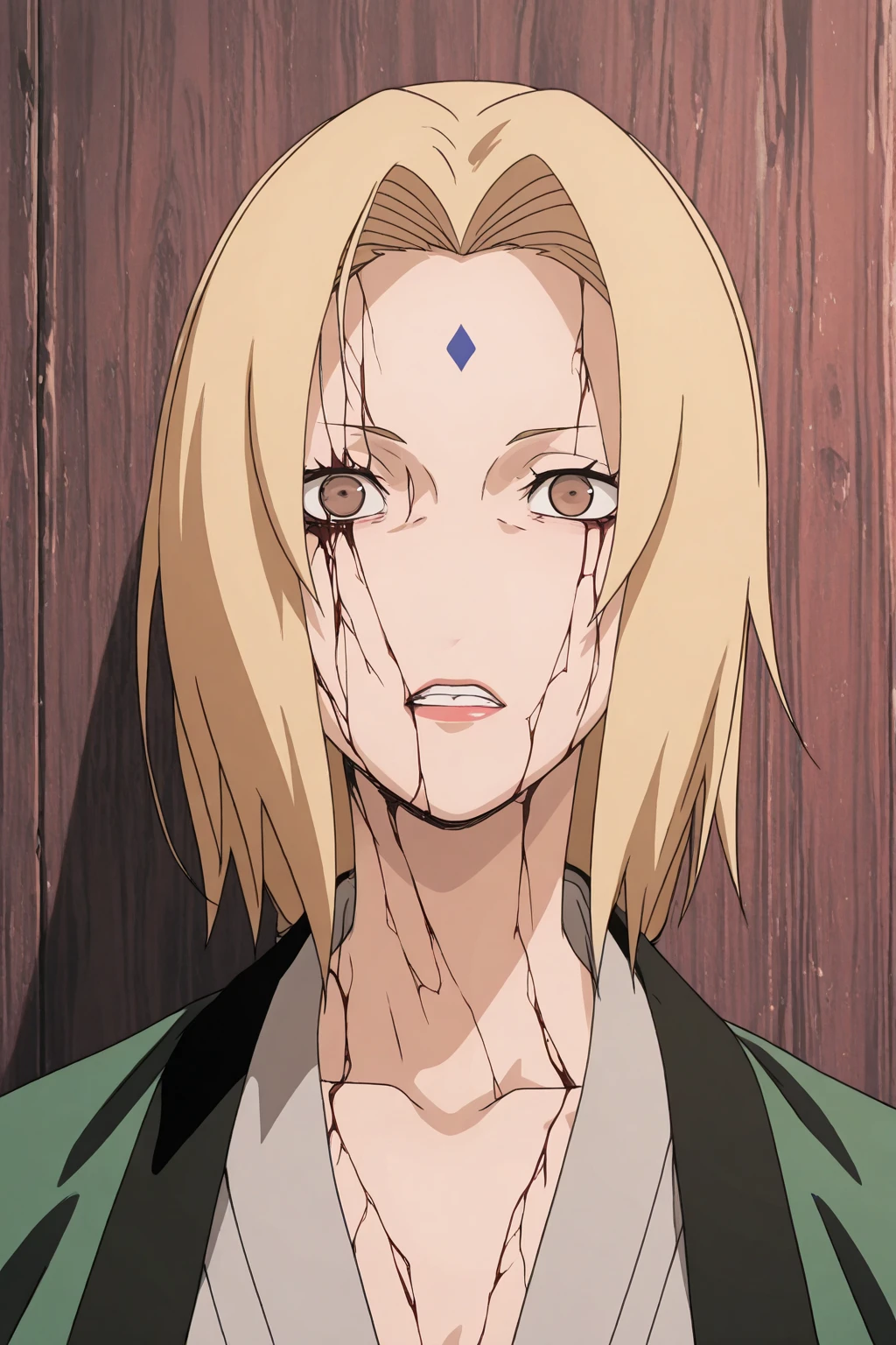 Sweating, Tsunade, blood everywhere, Tsunade covered in blood, looking at viewer psychotically, creepy smirk, side view,