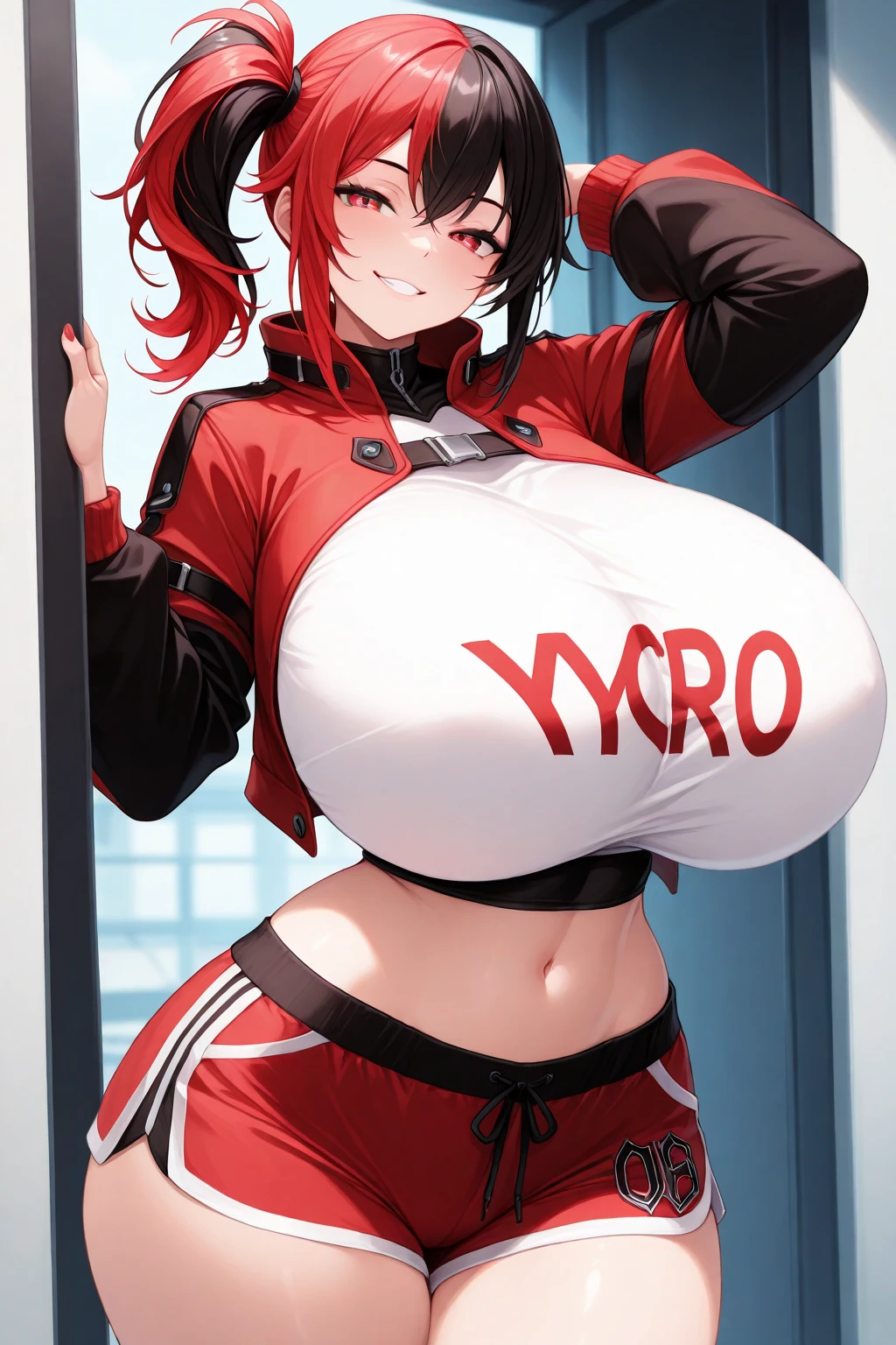 masterpiece, best quality, amber \(genshin impact\),smile,doll, 1girl,goggles on head, long hair,gloves,shorts,brown hair,red thighhighs, cleavage, red ribbon, long sleeves, shrug \(clothing\), jacket,pouch,grey background, (giant breasts:1.6)