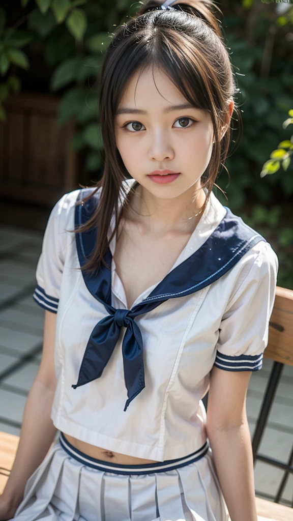 highest quality, High resolution, Realistic photo, Detailed skin texture, ((A cute 12-year-old Japanese girl wears a see-through, short, sleeveless sailor uniform)), View your viewers, Slim figure, Attractive gaze, Fair skin, (Flat Chest:1.5), Straight long hair, (loli:1.2), In the park with cherry blossoms falling