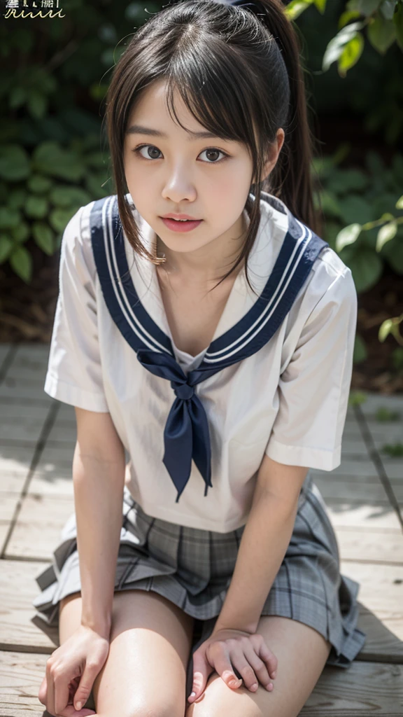(((​masterpiece))), (((Full body photo,sitting on the ground with both knees up)))， (One beautiful Japan girl,  Innocence，kawaii) ，超A high resolution, Realistic, ultra-detailliert, 8K,top-quality, Extremely detailed, blurry backround,A slender,very beautiful japanese girl, Detailed face:1.3), (Cute short hair，A dark-haired :1.4), (a baby face，kawaii系,adorable 14 year old girl), (Perfect body:1.1),  (Neat sailor suit，Dark blue mini skirt、Dark blue high socks、lowfers), On the lawn of the park，キュートでkawaii笑顔,Show your beautiful teeth,((pantyshot，Panties of white color))，Engaging pose，rosy cheeks，Super Detailed Face、Detailed lips、A detailed eye、small gravure idol，Transparent skin、Lolita，japanese hight school uniform，Shade，Under a big tree，Photorealistic:1.37，no-makeup，Neutral Lighting，Looking up from the ground