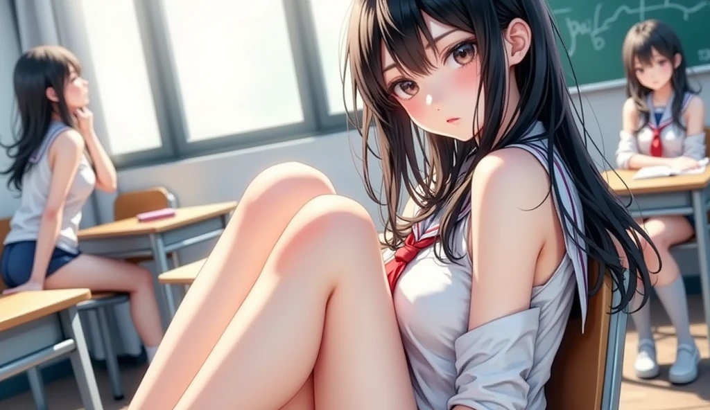 Photorealism、Highest quality、Ultra-high resolution、Browsing Caution、38 years old、((Woman in uniform sitting on bed))、((Spread your legs out to the side:1.5))、Sit with your knees bent and your legs apart、((Woman showing panties:1.5))、A sexy look for the camera、((Blonde))、((Very thin and small white panties))、((Panties close up:1.7))、Pink Shirt、Dark blue tartan check pleated skirt、Dark blue socks、A cute and beautiful face down to the last detail、(Purelos Face_v1:0.008)、Brown eyes、eyeliner、blush、Embarrassing、Glare、 Glossy Lips: 1.4,  impatience、It was scary、Glare、blush、はAre crying、Are crying、Open your knees、Spread your legs、Disheveled clothes、dressing、Medium Long Hair,In the bedroom、((Anatomically Accurate human body、Perfect Arms、Perfect hands、Perfect Fingers、Perfect Legs、Accurate human body))、(View angle from below:1.5)、((Emphasis on panties、Panty Shot))、Visible nipples、Show off your nipples、Small breasts、Small breasts、tears、semen、Sweat、