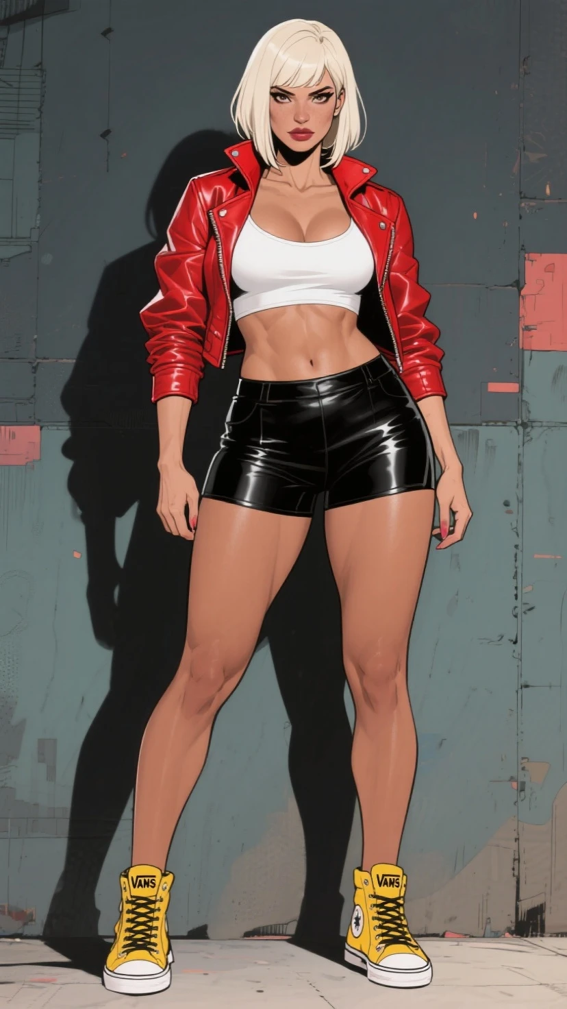 Woman with red hair, black jacket, bra, navel, bright red hair, black eyes, black pants, full body, nose ring, smirking, towering over city, giantesrom below)), realistic face
