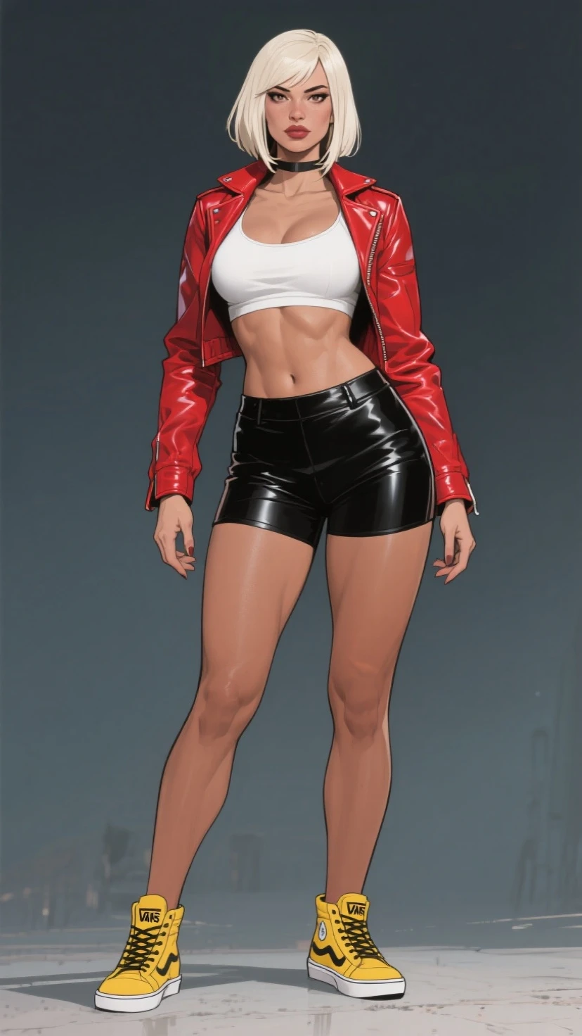 ((Courtney Hope)), red hair, asymmetrical hair, short ponytail, wavy hair, sidelocks, low ponytail, 1girl, solo, smirking, Fitted Black motorcycle/bomber jacket 1/4 cropped, (tight, red micro bikini top under jacket), Skin tight black jeans, (strong glutes), matte black leather motorcycle boots, Slim but lightly toned build, medium bust, wide shot, she floats above the ground, posing with arms down as she floats, UHD, 16k, best quality, anatomically correct, accurate face, masterpiece, (full body portrait), set in a dishevelled office interior with white brutalist design and white walls