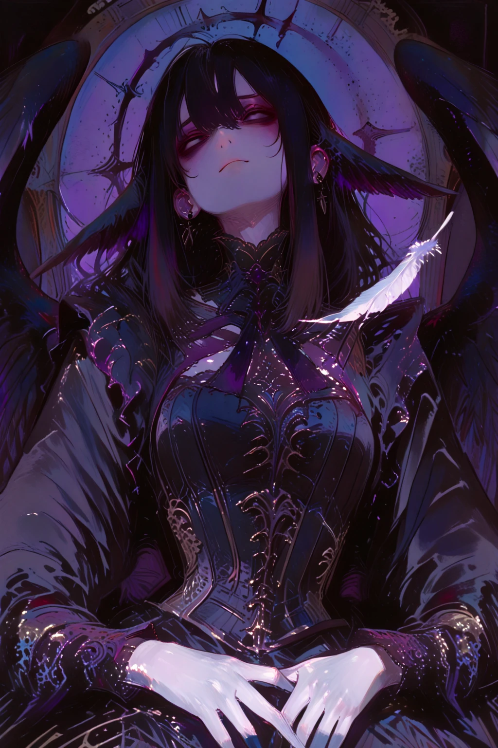 (Dark and scary atmosphere,Gothic Fashion,Dark colors),(Highest quality,Super exquisite item),(((Face distorted with pleasure,Penetration Sex,Creampie Sex))),Very sexy vampire girl,In a rose garden in full bloom on a red full moon night,Beautiful and delicate eyes,Beautiful black straight ponytail,Crow's feathers,Red lipstick,A mysterious and seductive smile,Pale skin,Fishnet tights,Monochrome lace dress,Captivating pose,The moonlight illuminates her silhouette,shadows and highlights,Create a calm and lively atmosphere,Lighting effects to make her look beautiful,A fantastic background created by darkness and moonlight,She is tall and looks like both an adult and a .,A crow is flying,Crow's feathersが舞う,
