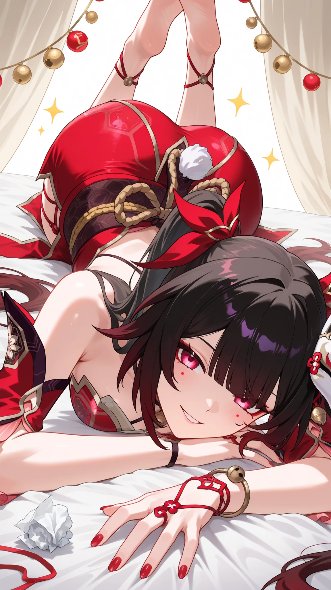 high quality, capolavoro, ultra-detailed photograph, 1 ragazza, Sparkle, Honkai Star Rail, silky and long black hair that falls delicately on the shoulders, intense and seductive red eyes, sguardo penetrante, full and glossy lips in a mischievous smile, perfectly defined facial features, smooth and velvety skin, lying prone on immaculate white silk sheets, elegant hand in the foreground that reaches out to the observer with tapered fingers and perfectly groomed nails, smalto rosso lucido, thin bracelets on the wrist, bare and delicate shoulders, Sparkle's characteristic red dress with golden details and elaborate decorations, scollatura elegante, shiny fabric embracing the curves, sensually arched back, elegantly crossed long bare legs, silky and luminous skin, bare feet perfectly cared for with nails glazed in red, caviglie sottili, provocative and refined pose, delicately defined leg muscles, cosce tornite, play of light and shadow on bare skin, contrast between the red of the dress and the white of the sheets, soft and warm lighting, luxurious background with veiled white curtains, cinematic depth of field, ultra details Defined skin and tissue, rendering anime, bokeh effect in the background