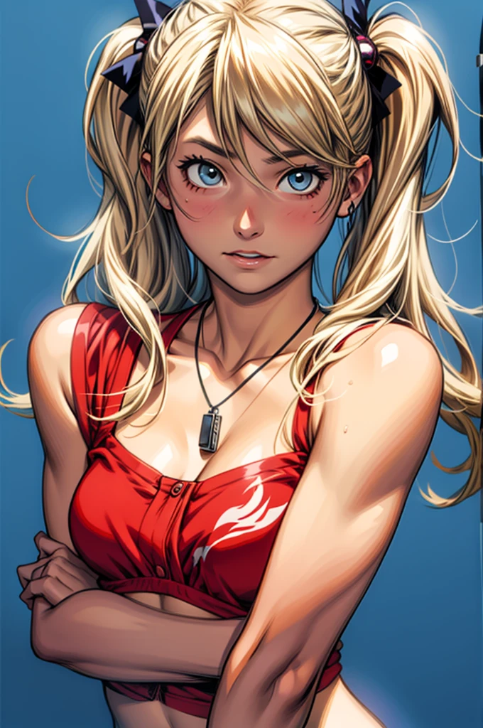 8k, masterpiece, high quality, beautiful model girl, 18 years old, (((adorable girl))), skinny, thin waist, ((small waist)), (tone stomach), heart shaped face, ((smile showing teeth)), braces on teeth, blonde hair, face cheek dimples, big eyes, makeup on eyes, small nose, nose, eyeliner, button nose, adorable angular face, posing for a picture, very excited, thin body, skinny body, sexy girl, plaid skirt, red skirt, pleated skirt, lacy hem skirt, lacy top, lace shirt, lace bra, lace halter, ponytail, long legs, hot , playful, big smile, (petite body), full body, girl in home office, office with leather furniture and book shelves, view of her waist, cleavage