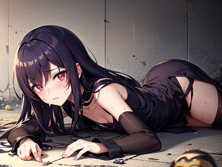 An anime girl,(Fluffy)cabelos preto e longos,Squat,Knees inward(and together),Wearing a dark gray coat,Wearing a white sailor suit underneath,Red cloth triangle scarf,black stockings,(vred,grievance,be desperate)scowling,There were tears in the eyes,The mouth is slightly open(Shouting),There is a little blood on the face,blood on face and arms, morbid, White wall on background,There are round shapes(human size)Aperture hits the wall,There is sticky splatter blood on the wall,Tense picture,4k,comic character,frontage,Focus on the upper body