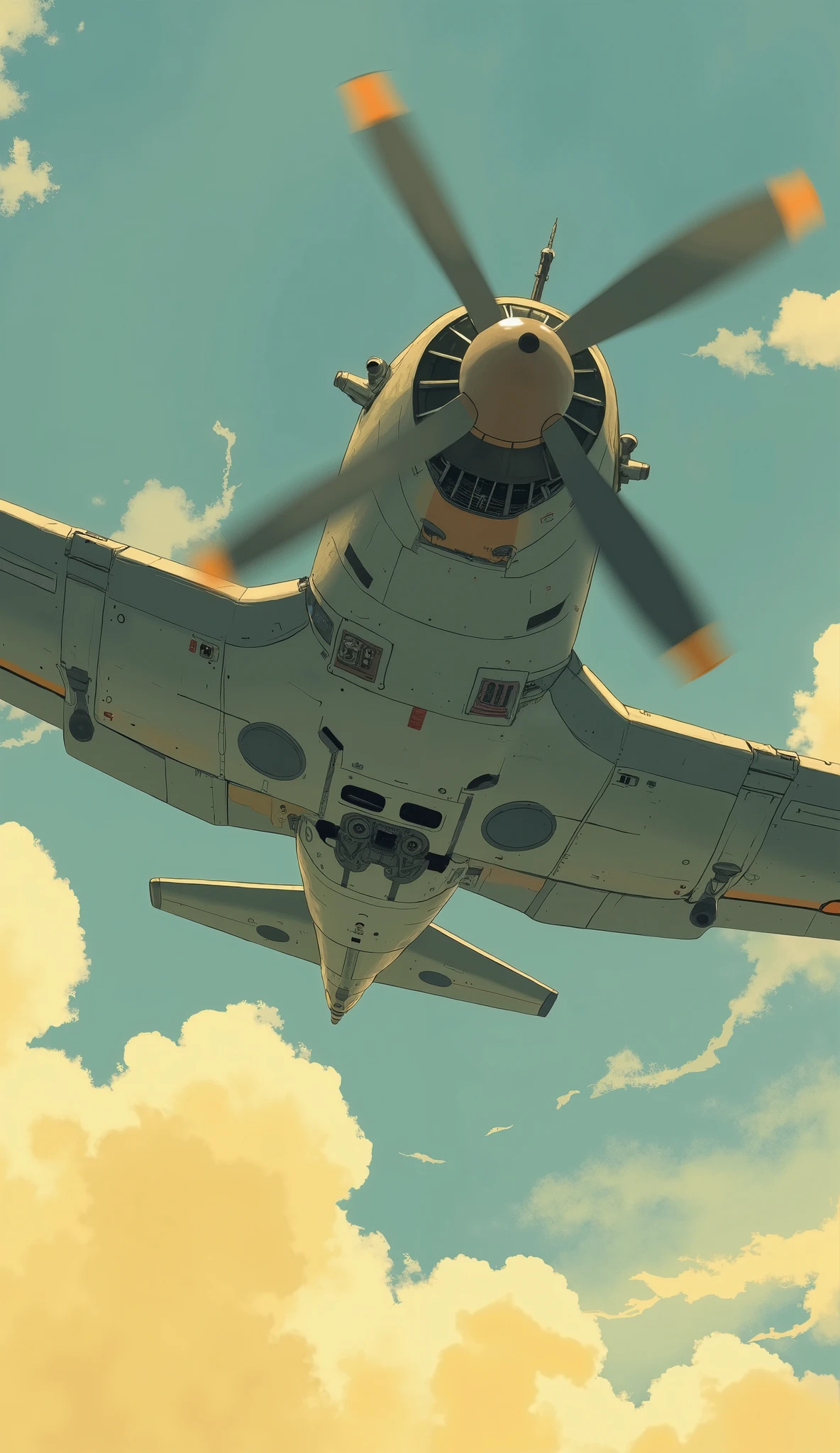 A small plane with a propeller is flying in the sky, The Last Exile anime, ミドル・close-up shot, Closeup View, low angle shot, Photo of a-1, close-up shot, ハイアングル・close-up shot, Low Angle, low angle shot, Female - 9 1 / 1 2 5, yellow wind, Low Angle View, The Last Exile