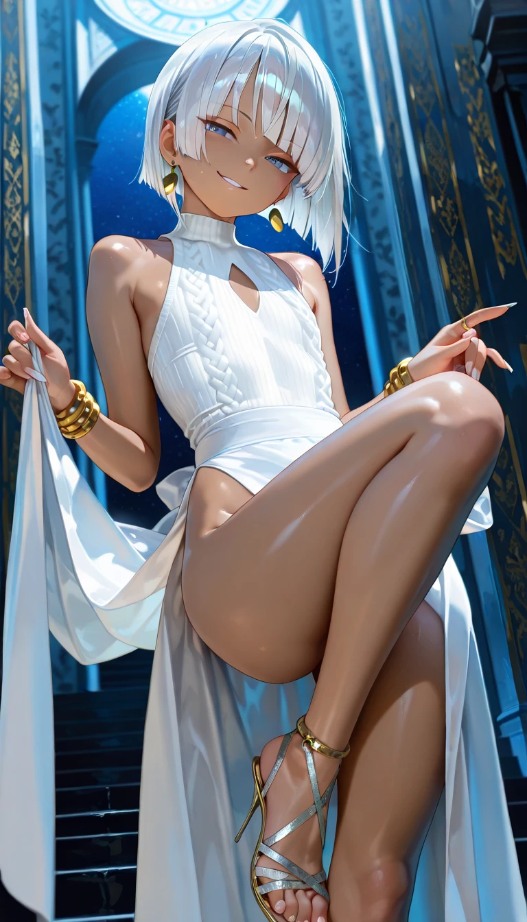 La elfa es muy hermosa su cuerpo es delgado y tonificado, su piel y su pelo es de color blanco con tonos oro, sus ojos son de color dorado con un brillo hermoso, su semblante es muy atractivo, su cabello corto pero bien peinado, Her legs are slim and toned and her hands look very delicate both physically and mentally..