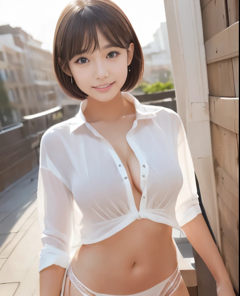 highest quality、Masterpiece、High resolution))、(((A shy smile、15 years old、Beauty、Clear、Beautiful Skin、Beautiful Eyes、Cleavage、shirt、Tight Skirt、Pose to invite men、sit、short hair)))