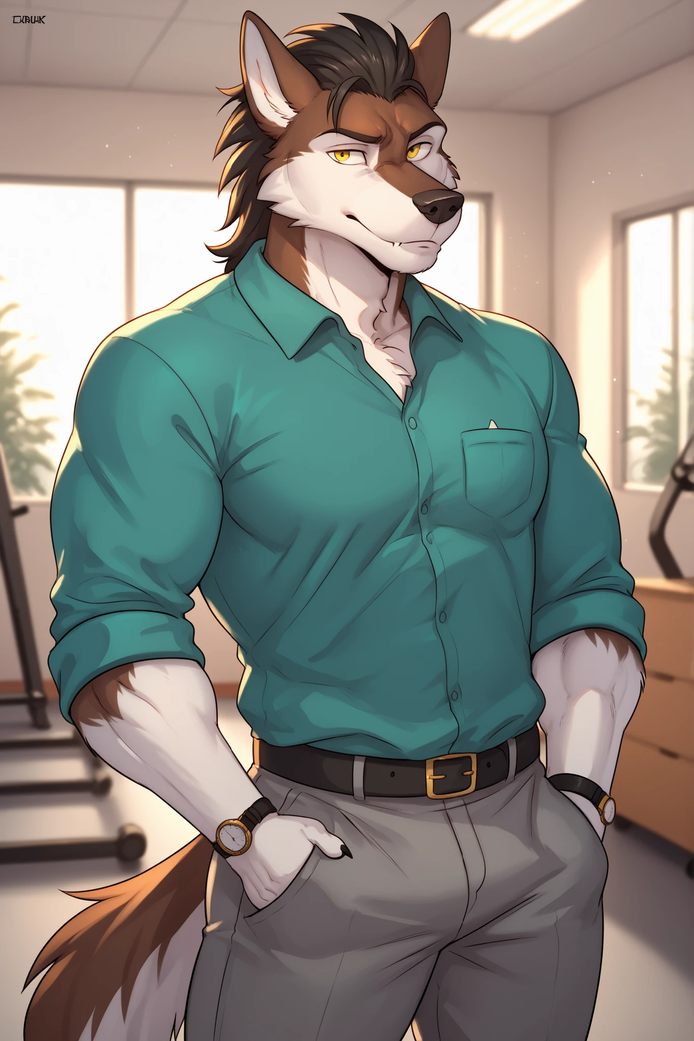 Nsfw art, Canine, (brown fur), furry anthro,(1boy), (solo), black hair, pointed ears, frank (zourik), buffed body, yellow eyes, black nose, white snout, white snout, green shirt, green clothes, wristwatch, Black belt, gray pants office, white fur hands, black claws, (hands in pockets), (hair swept), (hair slicked), hair combed, mature, wolf tail, High school gym, celebration, night, aesthetic, 