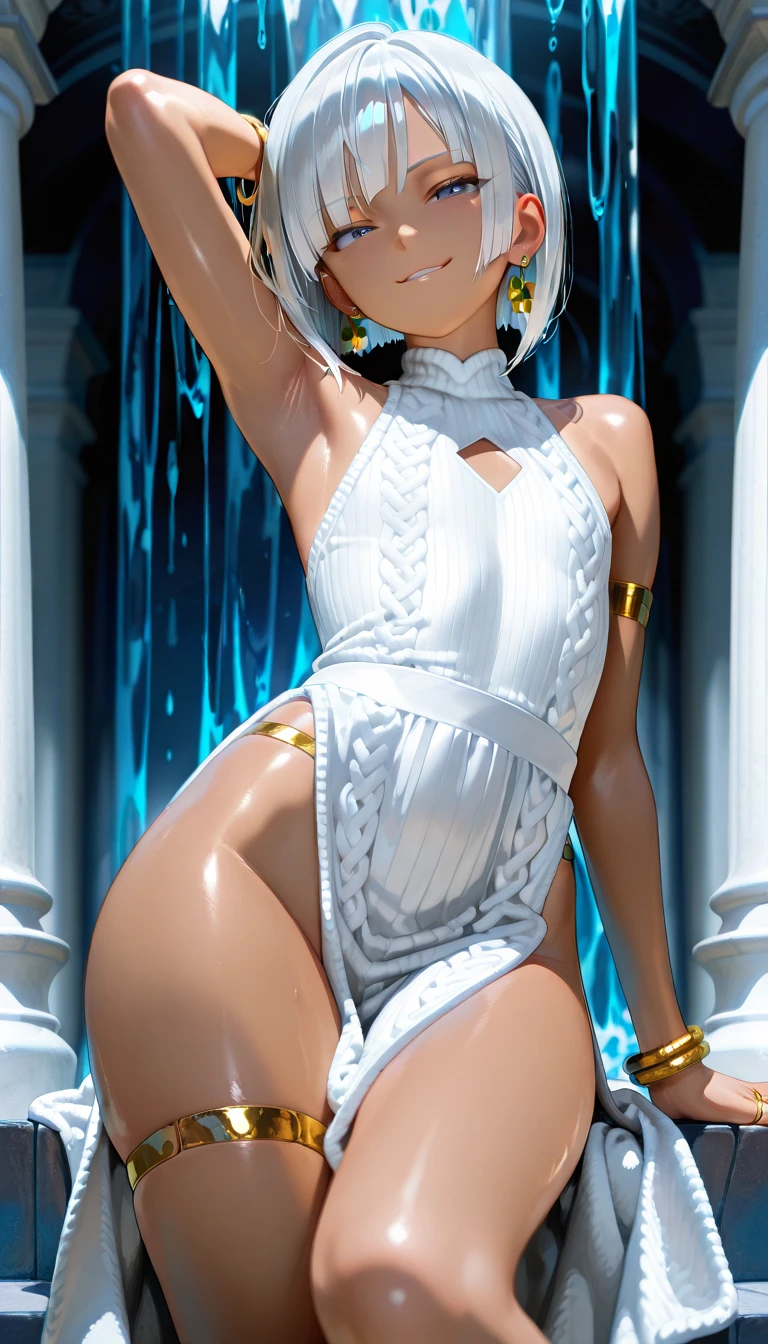 Based on the character Momo from Boku no Hero Academia, stuck to a wall with her back bent on the left side with a full and sexy body.