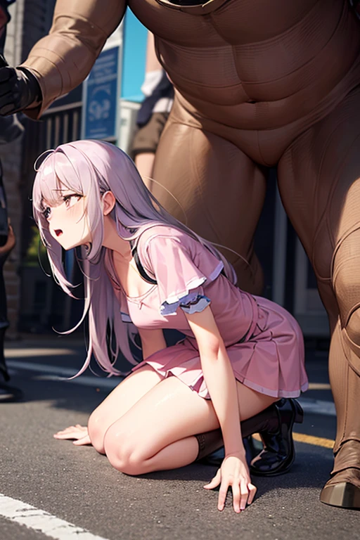 Young girl with pink hair, long twintail hairstyle, small bushy eyebrows, wearing gothic lolita clothes, lolicon (Zankuro) drawing style by zankuro artist, Zancrow style, image uploaded in R34, in the mall, flirty smile , suddenly having sex in public, ((doggy style sex)), ((public sex in a street)) naked ass in the male crotch, perfect anatomy, view from above