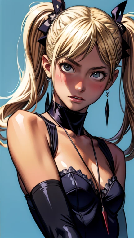 (masterpiece, official art), 1girls, solo, shortstackBT, shortstack, blue eyes, long hair, Casey Lynch Mo leather, (high heels), (closeup), portrait, standing, view from front, simple background, looking at viewer, (upper body), smile, seductive, alluring attire, black corset, ponytail, blonde hair