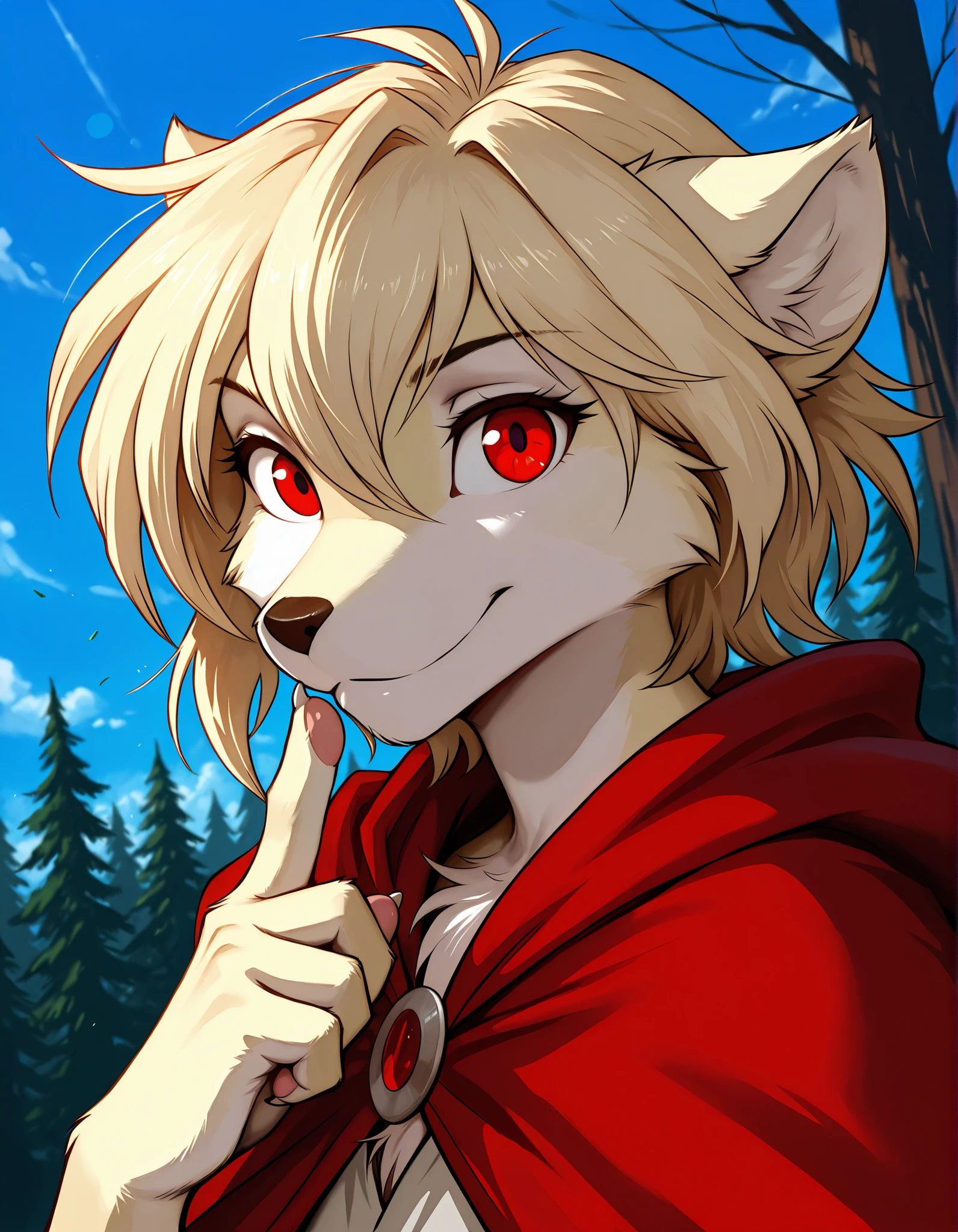 clovis-twokinds,, by kenket, by totesfleisch8, (by thebigslick, by silverfox5213:0.8), (by syuro:0.2),, Clovis , Clovis (twokinds), by tom_fischbach,, (best quality, masterpiece:1), solo, furry female anthro, red eyes, short hair, blond hair , portrait, fingers, finger claws, looking at viewer, tail, ear raised, (outdoors dark forest trees blurry blurred background:1.1), red cape