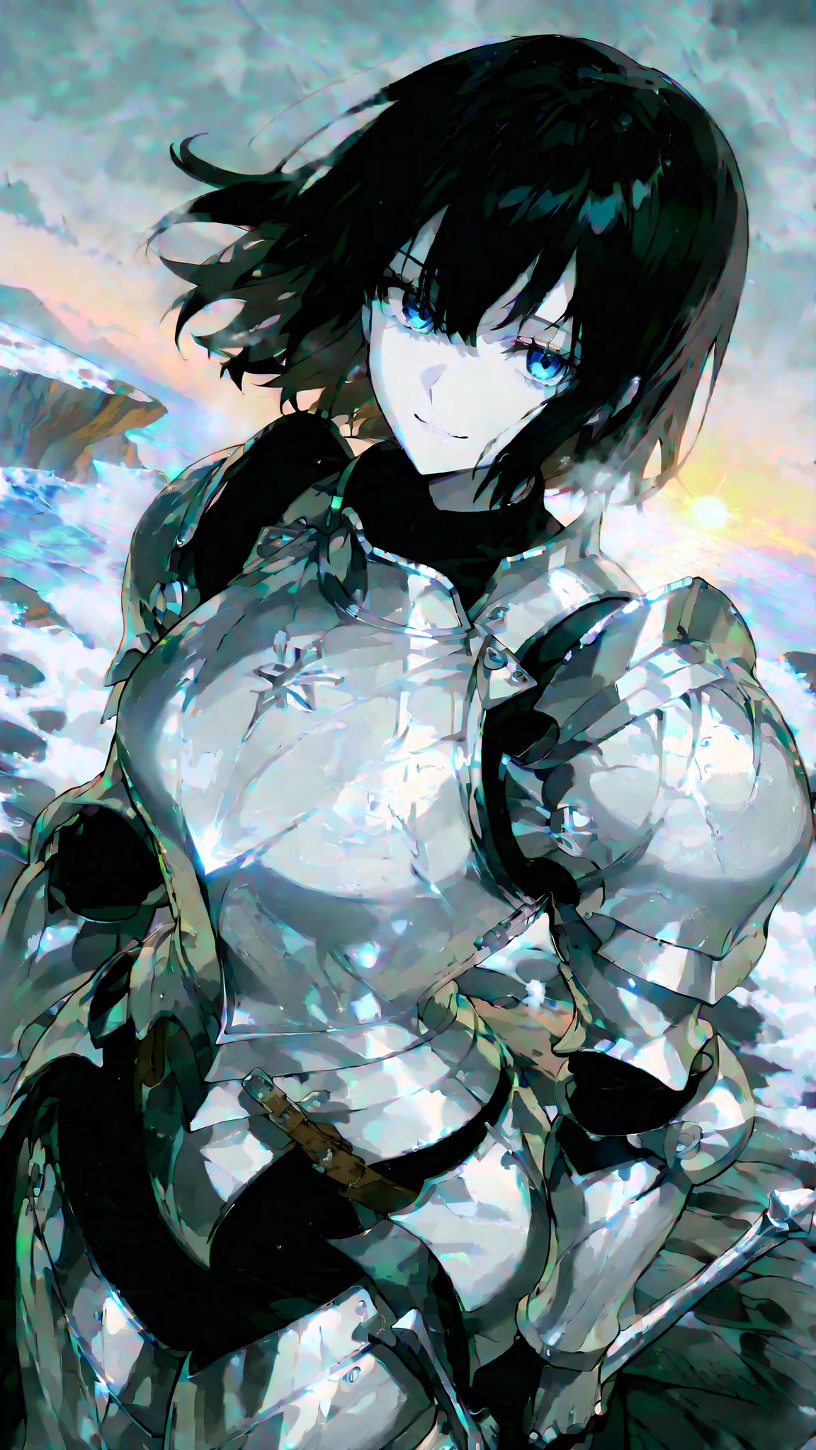 (ultra-detailed, 8K, illustration), depth of field, (dynamic angle), pale skin, black hair, 1 Female Knight,blue eyes,(cold and beautiful face),(charming smile), (Light Silver Armor:1.3), holding a long sword that emits holy light in the right hand,Point her sword at the sky, (Coastal Cliffs :1.2), sunrise in the background of the ocean, ((anime style))