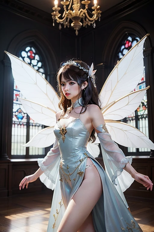 NSFW、1girl in、Ultra realistic 8K CG、(Magnificent、erfect artwork、masterpiece)、((Fairy girl with wings、See-through leotards、face perfect、beautiful countenance、((Perfect female body、A sexy))、huge-breasted、gorgeous goddess、length hair、dark brown hair、radiant eyes、((a smile、Look at viewers))、is standing、intricate detailes、delicate patterns、scientific fiction、 jewely、Pedras preciosas、golds、Diamonds、complete face、Full body、complete hands、perfect foot、perfect bodies、Perfect gravure idol photo、Fairy Pictures、Slender body with small face、Flower Garden、florals、big areolae、standing nipple、No panties、No bra、Full body、