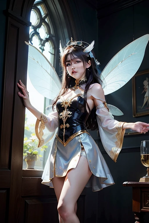 nature fairy, a pretty and delicate girl, their skin color is clear, She has long black hair and her fairy dress is PASTEL pink with gold details., It is not revealed but it has a princess-style corset and long tulle sleeves , his wings are big and beautiful