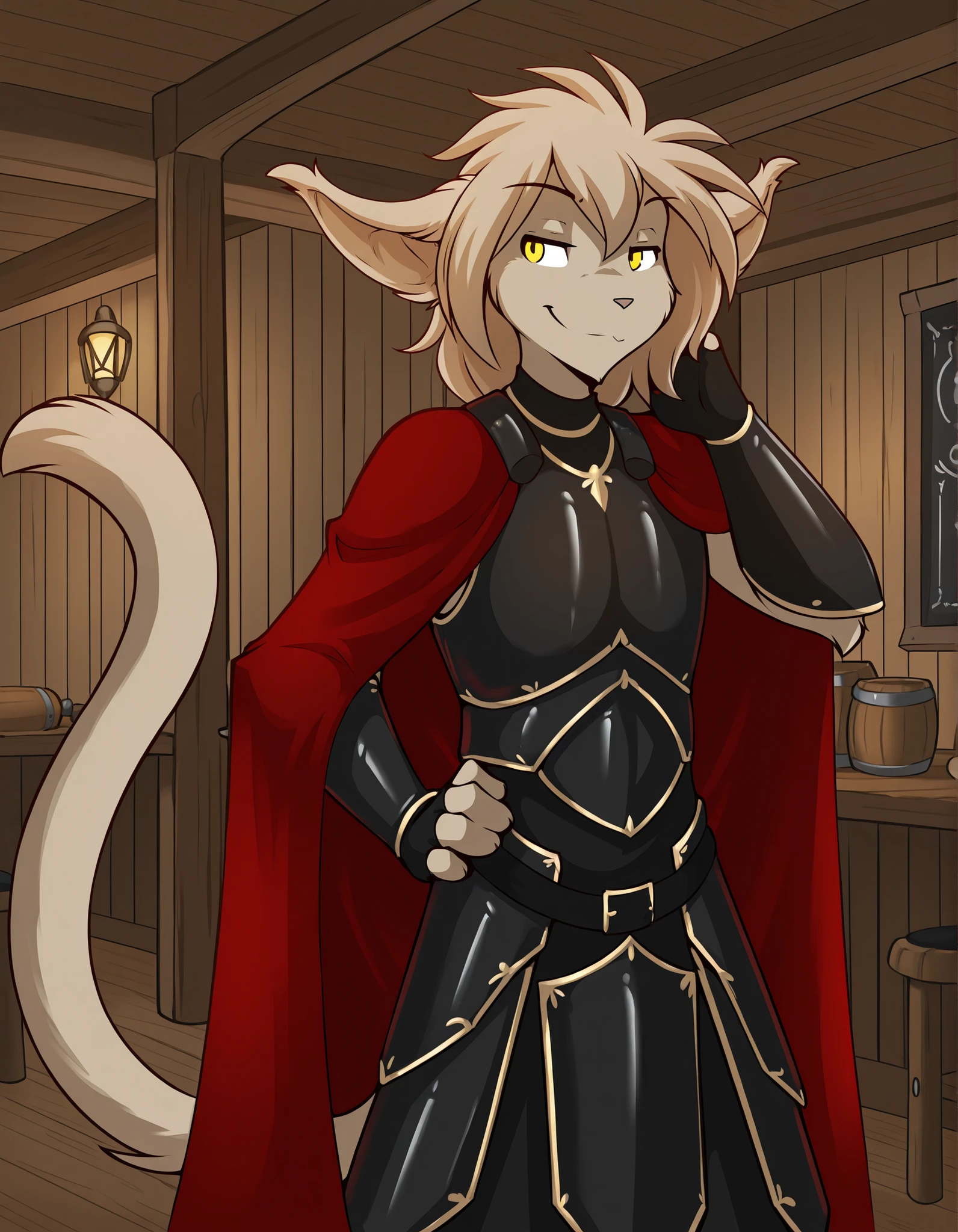 keith-twokinds, basitin, furry anthro, male, solo, yellow eyes, medium hair, smug, feline tail, indoors, locker room, from front, hi res,, (tavern:1.2), red cape, black leather armor,,