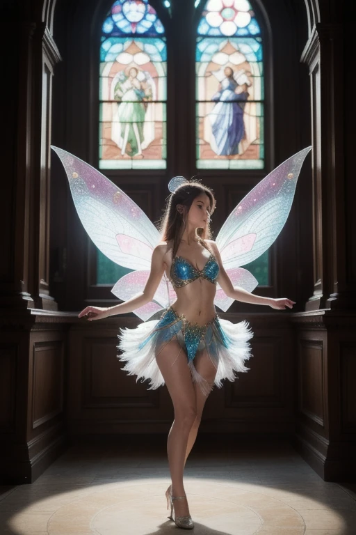 Emma Watson dressed as a modern-day fairy with colorful wings, surrounded by glowing