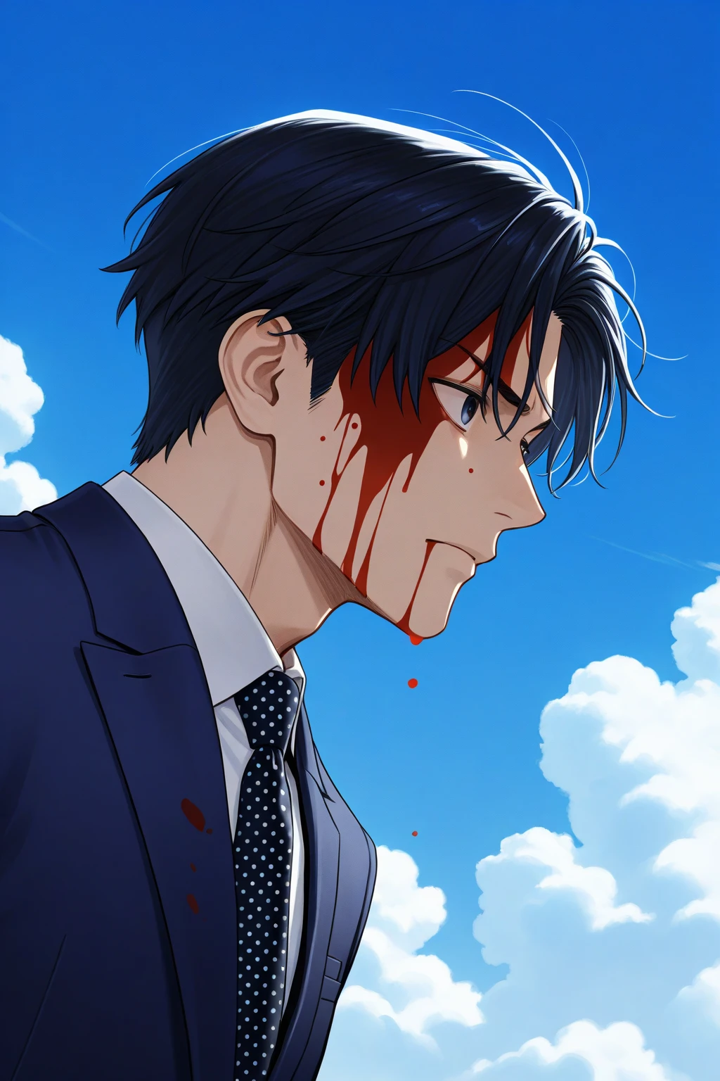 A 30-year-old man,wounded,Blood all over the body,lies on the ground,Scene dressed in dark blue