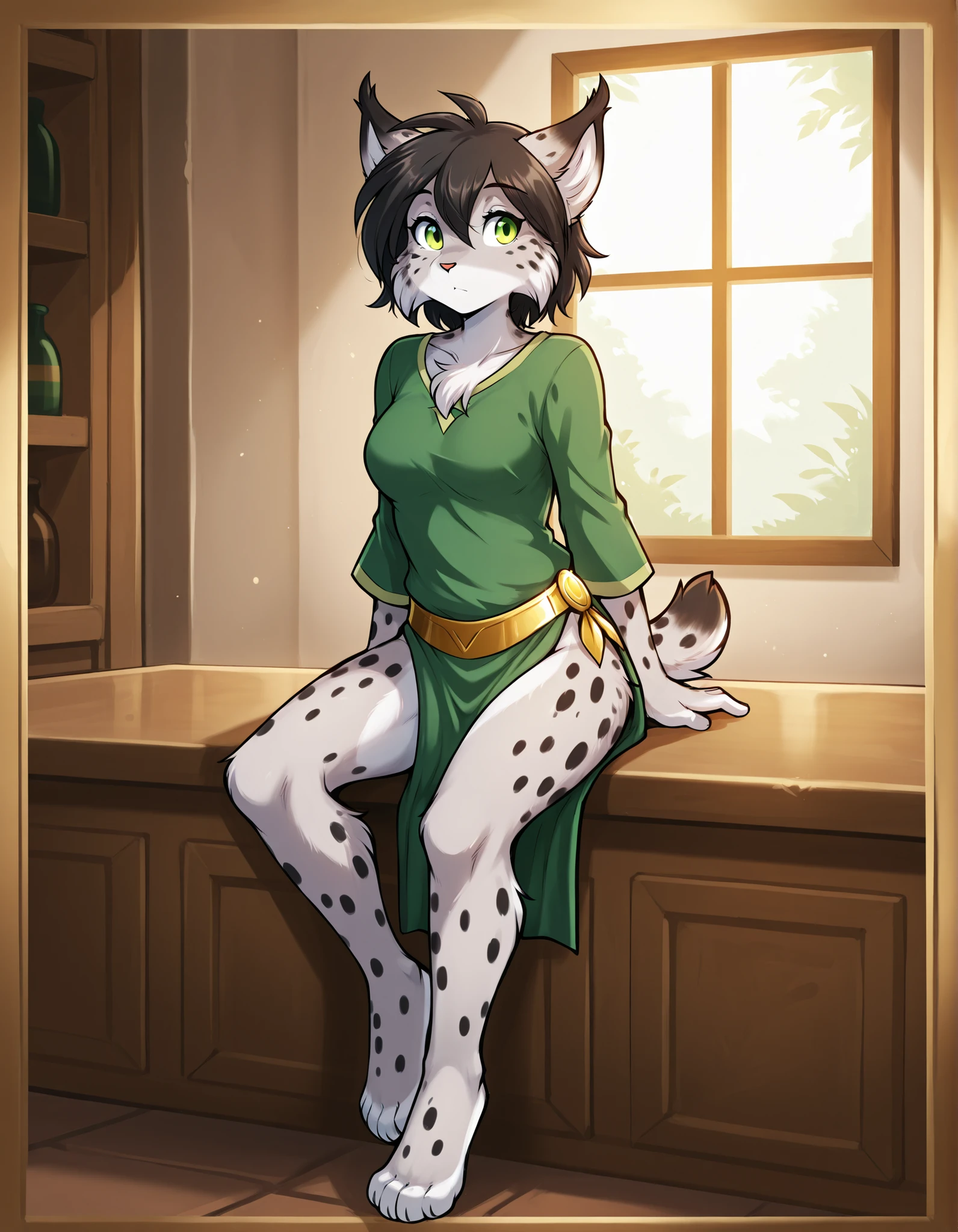 alice-twokinds, furry anthro, female, solo, green eyes, short hair, black hair, sitting on counter, bare feet, medium breasts, lynx tail, indoors, from front, hi res,, green shirt with gold border, green Loincloth