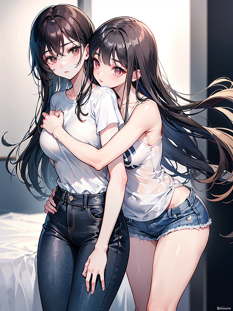 (RAW Photos, 4K, masterpiece, High resolution, Very complex) (reality的: 1.4),
((2 girls)),,Blushing,((Innocent)),Bright Eyes,Round eyes,Blunt bangs,(Straight hair:1.3),Black Hair,Medium chest,Wide Hips,, 15-year-old girl、Cute type、Lolita, (highest quality), (High resolution), (Very delicate and beautiful),(Beautiful 8k face),Short Bob Hair,( audience),(Medium chest, Expresses the roundness and softness of the breasts, Do not publish),(Play with each other,Touching each other's bodies,Touching the body),(Sleeveless T-shirt, Shorts),(reality),Bright lighting,(The background is a room in a luxury hotel)