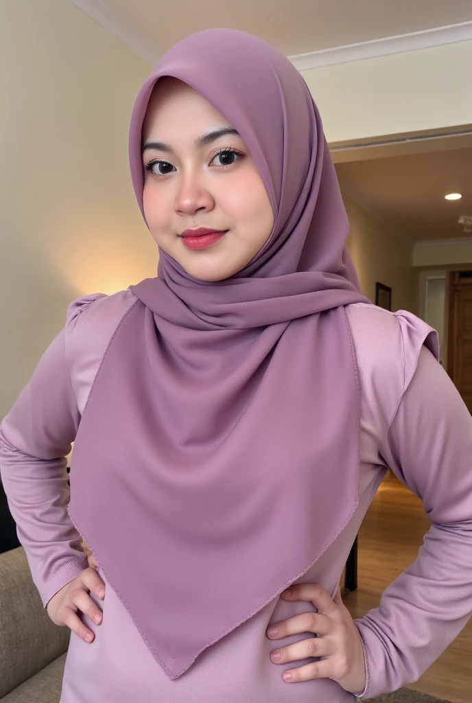 Malay girl in hijab, (wearing babushka), breast about to burst out, portrait photography, mid shot photo, ultra detail, professional photograph with professional lighting, smile, light blue studio background, sitting on the chair, in a studio, view from front,