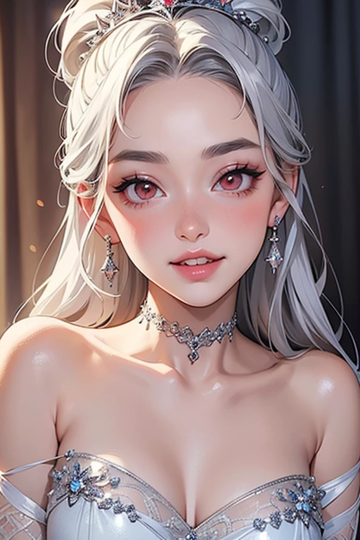 ((best quality)), ((masterpiece)), (detailed), perfect face. Asian girl. White hair. Pink eyes. Topless. Medium breast. Bottomless. Vagina.