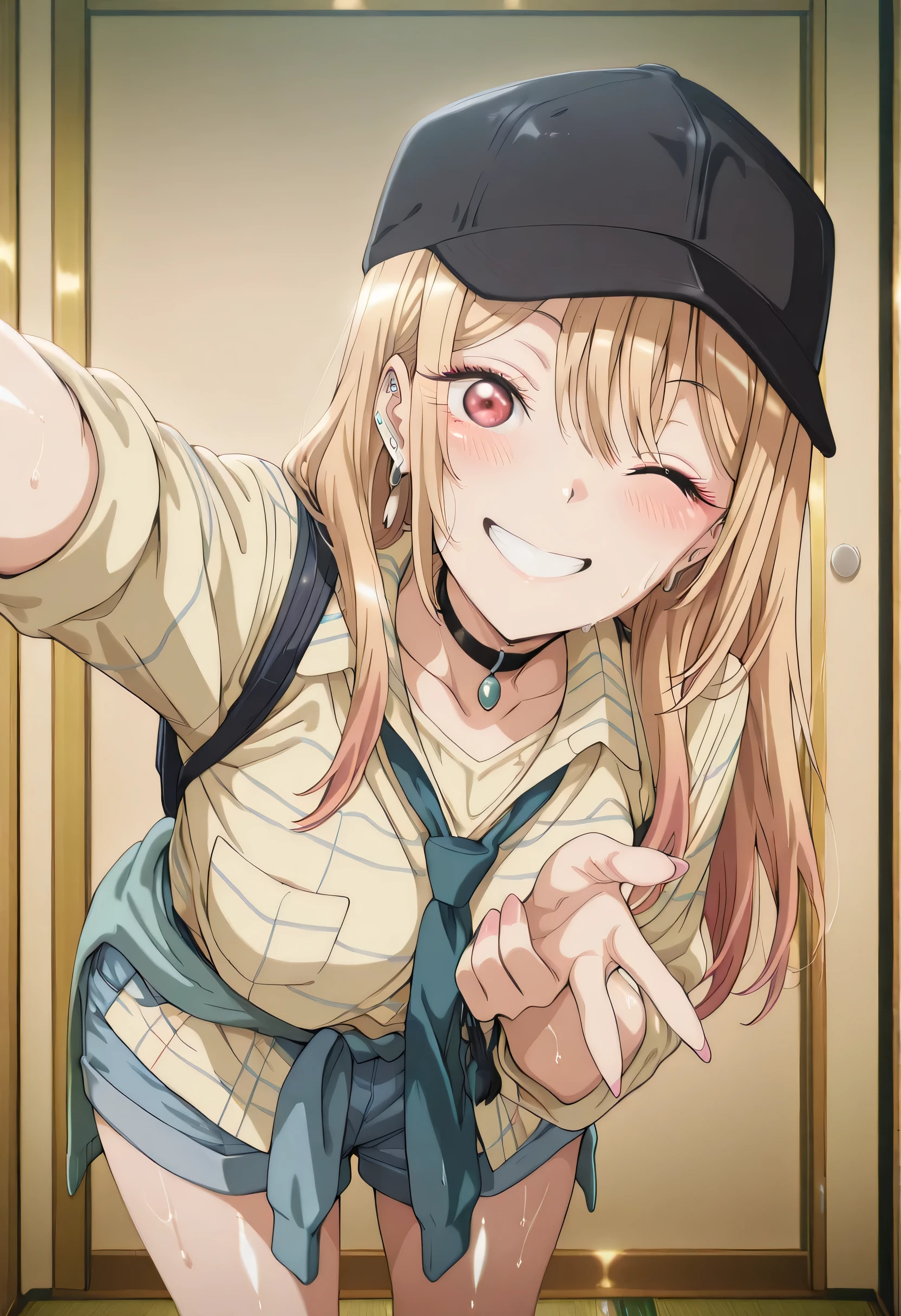 score_9 , score_8_up , score_7_source_anime detailed eyes,anime eyes,high detail eyes,multicolored iris,detailed iris,anime style, 4k masterpiece, best quality, girl, beautiful face, clean skin, shiny hair, shiny skin, beautiful face, perfect eyes, 4k high quality eyes, high quality brightness, best quality, 4k very aesthetic, absurd, perfect body quality, beautiful curves, perfect, perfect genitals, beautiful ambient light, beautiful aesthetics, very realistic scenery, 4k high quality, masterpiece, best quality, absurd, latest, high resolution, official art, best quality, absurd, latest, high resolution, official art, screenshot, anime screenshot, anime coloring, 1girl marin, kitagawa marin, multicolored hair, gradient hair, colored tips, long hair, blonde hair, red eyes, marin-measure, black baseball cap, black choker, collared shirt, plaid yellow shirt, striped shirt, sleeves rolled up, pendant, denim shorts, untucked shirt, large breasts, shiny skin, wet body, wet clothes, shiny oiled skin, sweat,shiny hair, <lora:gyaru-v-illustriousxl-lora-nochekaiser:1>, gyaruv, solo, looking at viewer, blush, smile, standing, one eye closed, leaning forward, reaching, selfie, reaching towards viewer,