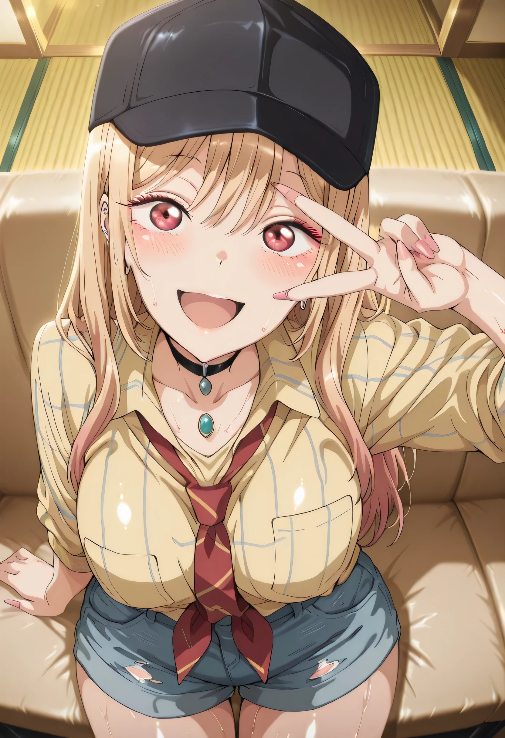 score_9 , score_8_up , score_7_source_anime detailed eyes,anime eyes,high detail eyes,multicolored iris,detailed iris,anime style, 4k masterpiece, best quality, girl, beautiful face, clean skin, shiny hair, shiny skin, beautiful face, perfect eyes, 4k high quality eyes, high quality brightness, best quality, 4k very aesthetic, absurd, perfect body quality, beautiful curves, perfect, perfect genitals, beautiful ambient light, beautiful aesthetics, very realistic scenery, 4k high quality, masterpiece, best quality, absurd, latest, high resolution, official art, best quality, absurd, latest, high resolution, official art, screenshot, anime screenshot, anime coloring, 1girl marin, kitagawa marin, multicolored hair, gradient hair, colored tips, long hair, blonde hair, red eyes, marin-measure, black baseball cap, black choker, collared shirt, plaid yellow shirt, striped shirt, sleeves rolled up, pendant, denim shorts, untucked shirt, large breasts, shiny skin, wet body, wet clothes, shiny oiled skin, sweat,shiny hair, <lora:gyaru-v-illustriousxl-lora-nochekaiser:1>, gyaruv, solo, looking at viewer, blush, smile, open mouth, sitting, v, from above, arm up,