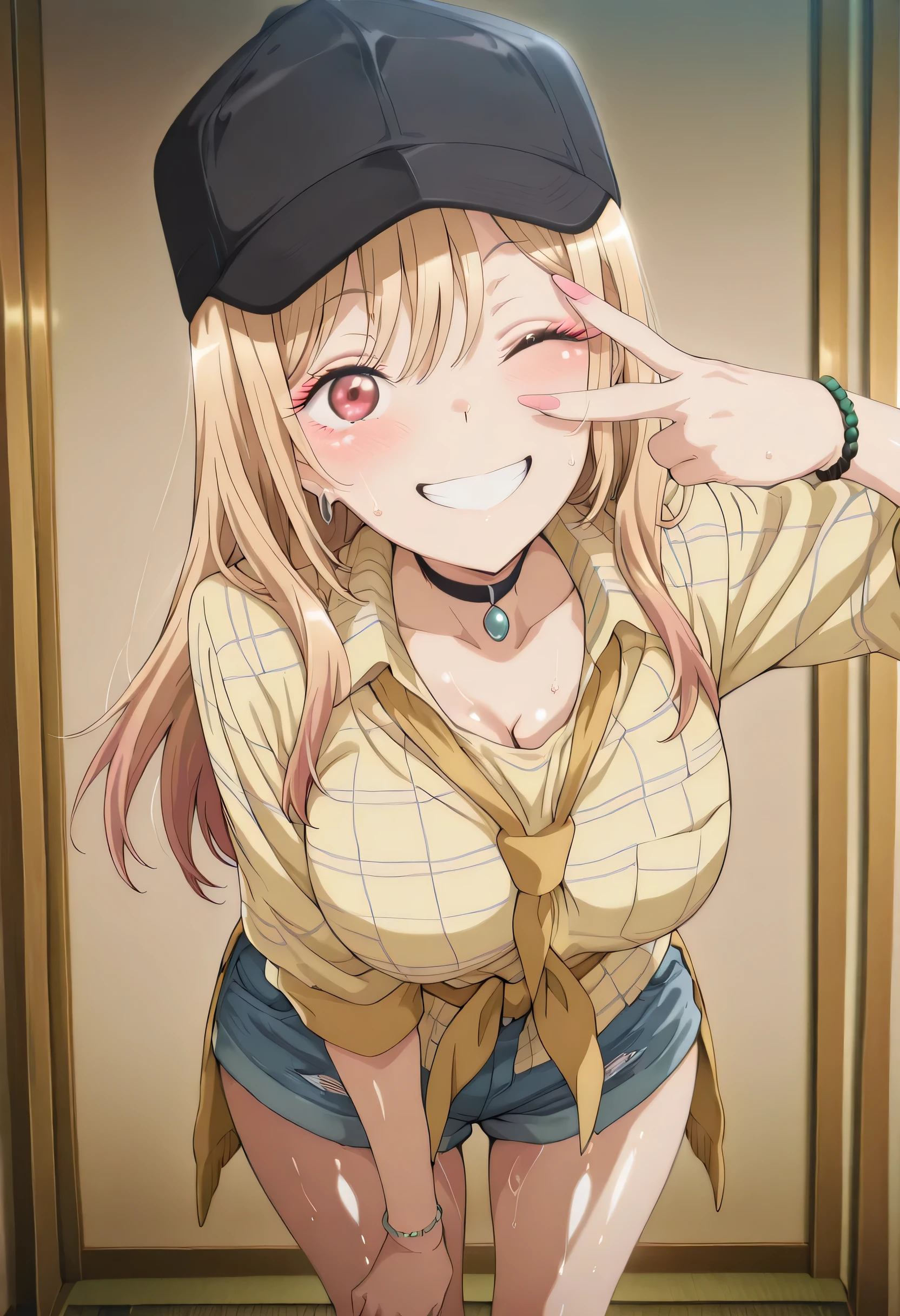 score_9 , score_8_up , score_7_source_anime detailed eyes,anime eyes,high detail eyes,multicolored iris,detailed iris,anime style, 4k masterpiece, best quality, girl, beautiful face, clean skin, shiny hair, shiny skin, beautiful face, perfect eyes, 4k high quality eyes, high quality brightness, best quality, 4k very aesthetic, absurd, perfect body quality, beautiful curves, perfect, perfect genitals, beautiful ambient light, beautiful aesthetics, very realistic scenery, 4k high quality, masterpiece, best quality, absurd, latest, high resolution, official art, best quality, absurd, latest, high resolution, official art, screenshot, anime screenshot, anime coloring, 1girl marin, kitagawa marin, multicolored hair, gradient hair, colored tips, long hair, blonde hair, red eyes, marin-measure, black baseball cap, black choker, collared shirt, plaid yellow shirt, striped shirt, sleeves rolled up, pendant, denim shorts, untucked shirt, large breasts, shiny skin, wet body, wet clothes, shiny oiled skin, sweat,shiny hair, <lora:gyaru-v-illustriousxl-lora-nochekaiser:1>, gyaruv, solo, looking at viewer, blush, smile, standing, one eye closed, grin, leaning forward, v over eye,