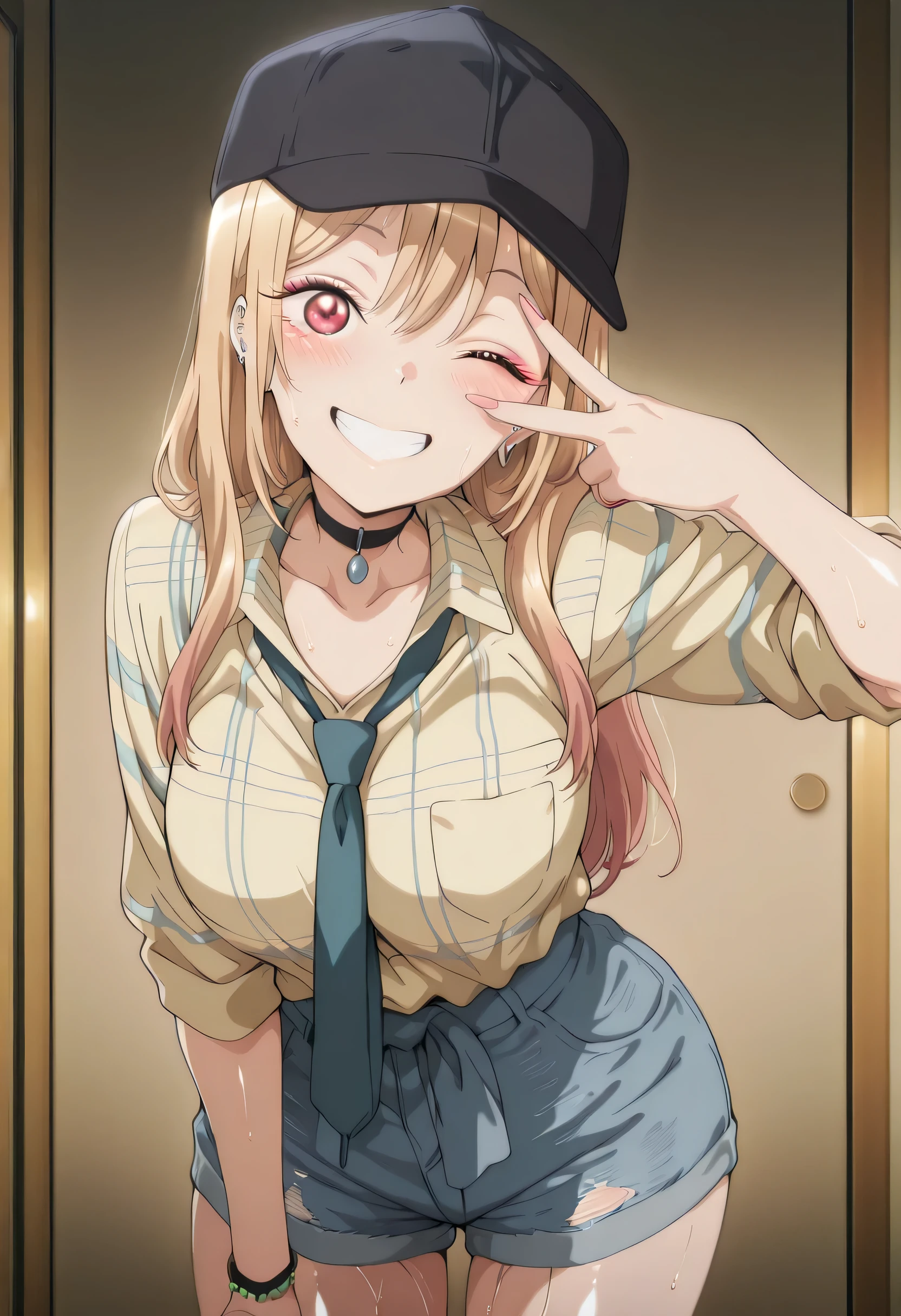 score_9 , score_8_up , score_7_source_anime detailed eyes,anime eyes,high detail eyes,multicolored iris,detailed iris,anime style, 4k masterpiece, best quality, girl, beautiful face, clean skin, shiny hair, shiny skin, beautiful face, perfect eyes, 4k high quality eyes, high quality brightness, best quality, 4k very aesthetic, absurd, perfect body quality, beautiful curves, perfect, perfect genitals, beautiful ambient light, beautiful aesthetics, very realistic scenery, 4k high quality, masterpiece, best quality, absurd, latest, high resolution, official art, best quality, absurd, latest, high resolution, official art, screenshot, anime screenshot, anime coloring, 1girl marin, kitagawa marin, multicolored hair, gradient hair, colored tips, long hair, blonde hair, red eyes, marin-measure, black baseball cap, black choker, collared shirt, plaid yellow shirt, striped shirt, sleeves rolled up, pendant, denim shorts, untucked shirt, large breasts, shiny skin, wet body, wet clothes, shiny oiled skin, sweat,shiny hair, <lora:gyaru-v-illustriousxl-lora-nochekaiser:1>, gyaruv, solo, looking at viewer, blush, smile, standing, one eye closed, grin, leaning forward, v over eye,