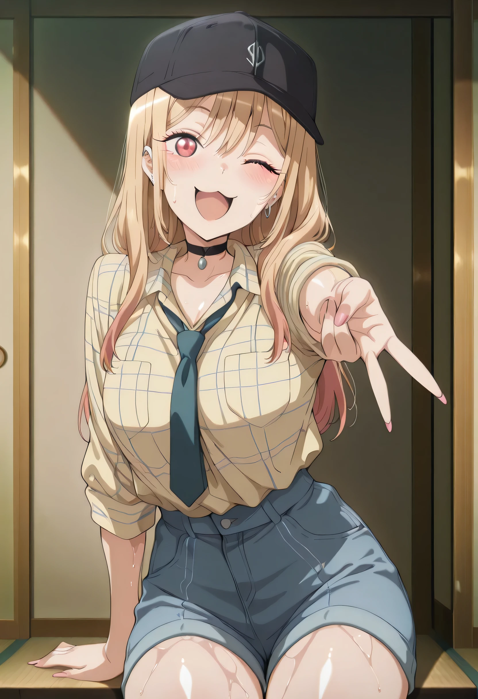 score_9 , score_8_up , score_7_source_anime detailed eyes,anime eyes,high detail eyes,multicolored iris,detailed iris,anime style, 4k masterpiece, best quality, girl, beautiful face, clean skin, shiny hair, shiny skin, beautiful face, perfect eyes, 4k high quality eyes, high quality brightness, best quality, 4k very aesthetic, absurd, perfect body quality, beautiful curves, perfect, perfect genitals, beautiful ambient light, beautiful aesthetics, very realistic scenery, 4k high quality, masterpiece, best quality, absurd, latest, high resolution, official art, best quality, absurd, latest, high resolution, official art, screenshot, anime screenshot, anime coloring, 1girl marin, kitagawa marin, multicolored hair, gradient hair, colored tips, long hair, blonde hair, red eyes, marin-measure, black baseball cap, black choker, collared shirt, plaid yellow shirt, striped shirt, sleeves rolled up, pendant, denim shorts, untucked shirt, large breasts, shiny skin, wet body, wet clothes, shiny oiled skin, sweat,shiny hair, <lora:gyaru-v-illustriousxl-lora-nochekaiser:1>, gyaruv, solo, looking at viewer, blush, smile, open mouth, sitting, one eye closed, v, :3,