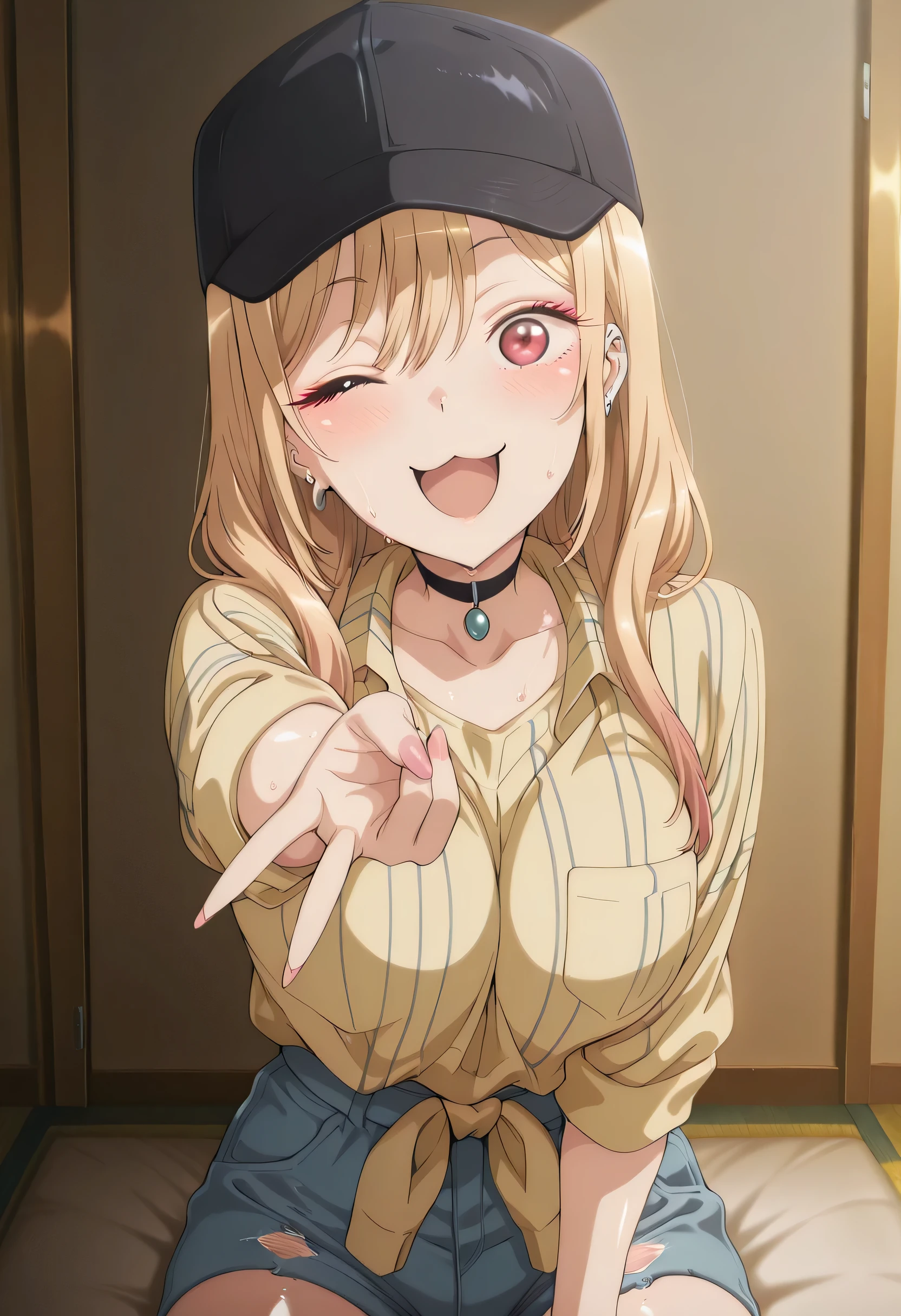 score_9 , score_8_up , score_7_source_anime detailed eyes,anime eyes,high detail eyes,multicolored iris,detailed iris,anime style, 4k masterpiece, best quality, girl, beautiful face, clean skin, shiny hair, shiny skin, beautiful face, perfect eyes, 4k high quality eyes, high quality brightness, best quality, 4k very aesthetic, absurd, perfect body quality, beautiful curves, perfect, perfect genitals, beautiful ambient light, beautiful aesthetics, very realistic scenery, 4k high quality, masterpiece, best quality, absurd, latest, high resolution, official art, best quality, absurd, latest, high resolution, official art, screenshot, anime screenshot, anime coloring, 1girl marin, kitagawa marin, multicolored hair, gradient hair, colored tips, long hair, blonde hair, red eyes, marin-measure, black baseball cap, black choker, collared shirt, plaid yellow shirt, striped shirt, sleeves rolled up, pendant, denim shorts, untucked shirt, large breasts, shiny skin, wet body, wet clothes, shiny oiled skin, sweat,shiny hair, <lora:gyaru-v-illustriousxl-lora-nochekaiser:1>, gyaruv, solo, looking at viewer, blush, smile, open mouth, sitting, one eye closed, v, :3,