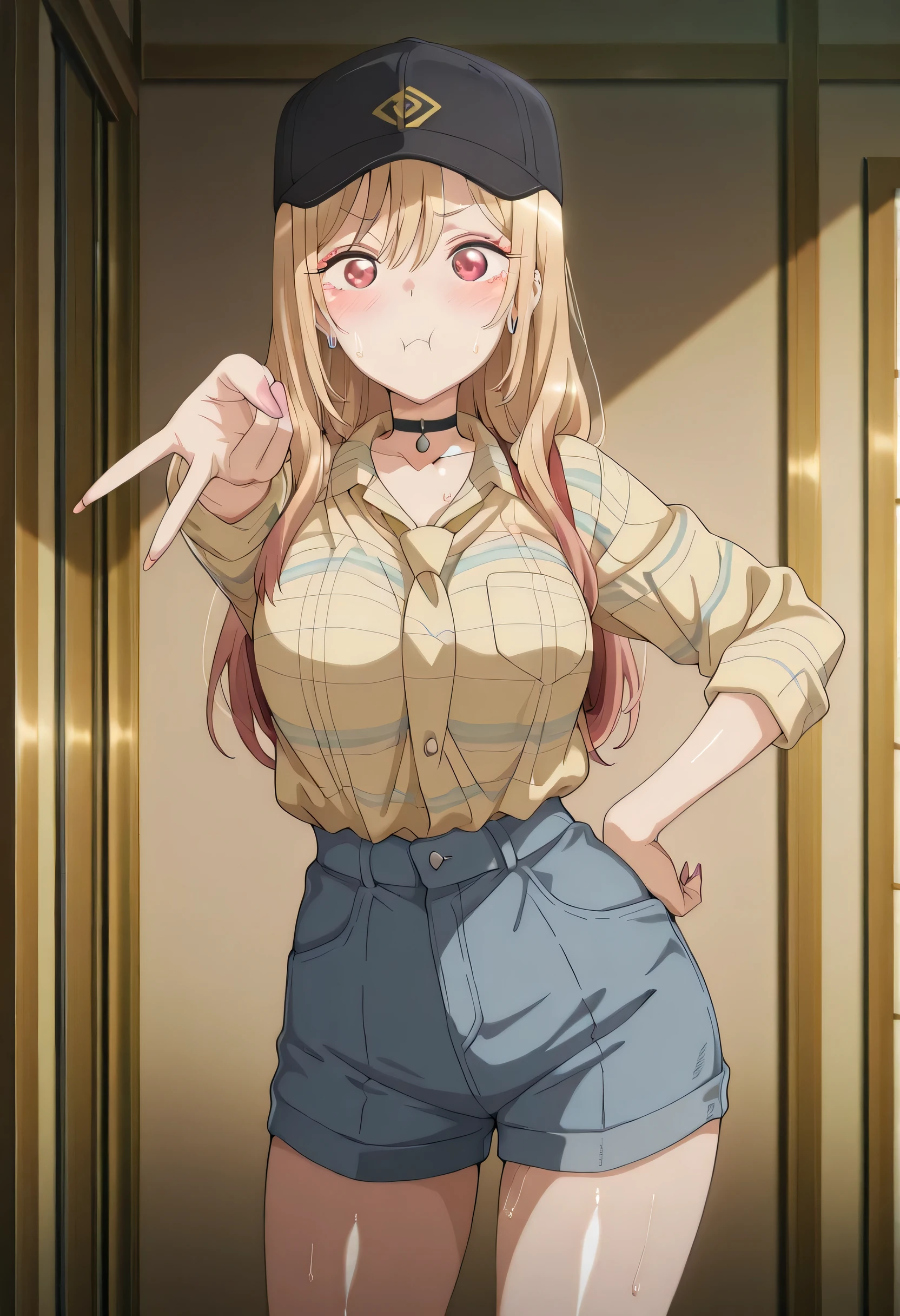 score_9 , score_8_up , score_7_source_anime detailed eyes,anime eyes,high detail eyes,multicolored iris,detailed iris,anime style, 4k masterpiece, best quality, girl, beautiful face, clean skin, shiny hair, shiny skin, beautiful face, perfect eyes, 4k high quality eyes, high quality brightness, best quality, 4k very aesthetic, absurd, perfect body quality, beautiful curves, perfect, perfect genitals, beautiful ambient light, beautiful aesthetics, very realistic scenery, 4k high quality, masterpiece, best quality, absurd, latest, high resolution, official art, best quality, absurd, latest, high resolution, official art, screenshot, anime screenshot, anime coloring, 1girl marin, kitagawa marin, multicolored hair, gradient hair, colored tips, long hair, blonde hair, red eyes, marin-measure, black baseball cap, black choker, collared shirt, plaid yellow shirt, striped shirt, sleeves rolled up, pendant, denim shorts, untucked shirt, large breasts, shiny skin, wet body, wet clothes, shiny oiled skin, sweat,shiny hair, <lora:gyaru-v-illustriousxl-lora-nochekaiser:1>, gyaruv, solo, looking at viewer, blush, closed mouth, cowboy shot, hand on own hip, v, pout,