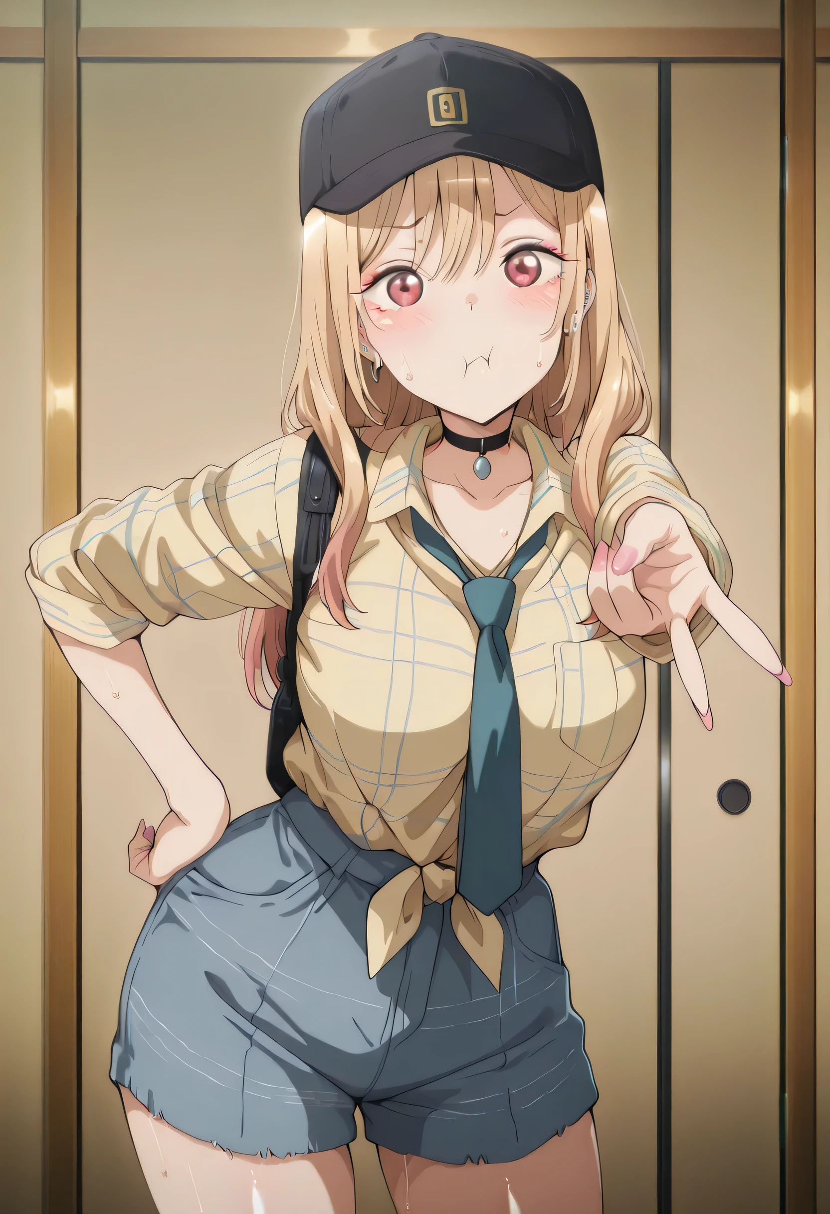 score_9 , score_8_up , score_7_source_anime detailed eyes,anime eyes,high detail eyes,multicolored iris,detailed iris,anime style, 4k masterpiece, best quality, girl, beautiful face, clean skin, shiny hair, shiny skin, beautiful face, perfect eyes, 4k high quality eyes, high quality brightness, best quality, 4k very aesthetic, absurd, perfect body quality, beautiful curves, perfect, perfect genitals, beautiful ambient light, beautiful aesthetics, very realistic scenery, 4k high quality, masterpiece, best quality, absurd, latest, high resolution, official art, best quality, absurd, latest, high resolution, official art, screenshot, anime screenshot, anime coloring, 1girl marin, kitagawa marin, multicolored hair, gradient hair, colored tips, long hair, blonde hair, red eyes, marin-measure, black baseball cap, black choker, collared shirt, plaid yellow shirt, striped shirt, sleeves rolled up, pendant, denim shorts, untucked shirt, large breasts, shiny skin, wet body, wet clothes, shiny oiled skin, sweat,shiny hair, <lora:gyaru-v-illustriousxl-lora-nochekaiser:1>, gyaruv, solo, looking at viewer, blush, closed mouth, cowboy shot, hand on own hip, v, pout,