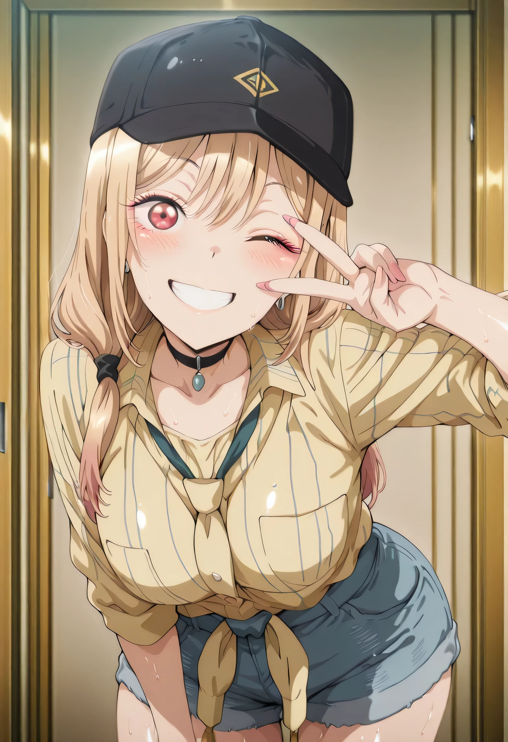 score_9 , score_8_up , score_7_source_anime detailed eyes,anime eyes,high detail eyes,multicolored iris,detailed iris,anime style, 4k masterpiece, best quality, girl, beautiful face, clean skin, shiny hair, shiny skin, beautiful face, perfect eyes, 4k high quality eyes, high quality brightness, best quality, 4k very aesthetic, absurd, perfect body quality, beautiful curves, perfect, perfect genitals, beautiful ambient light, beautiful aesthetics, very realistic scenery, 4k high quality, masterpiece, best quality, absurd, latest, high resolution, official art, best quality, absurd, latest, high resolution, official art, screenshot, anime screenshot, anime coloring, 1girl marin, kitagawa marin, multicolored hair, gradient hair, colored tips, long hair, blonde hair, red eyes, marin-measure, black baseball cap, black choker, collared shirt, plaid yellow shirt, striped shirt, sleeves rolled up, pendant, denim shorts, untucked shirt, large breasts, shiny skin, wet body, wet clothes, shiny oiled skin, sweat,shiny hair, <lora:gyaru-v-illustriousxl-lora-nochekaiser:1>, gyaruv, solo, looking at viewer, blush, smile, cowboy shot, teeth, one eye closed, v, leaning forward, v over eye,