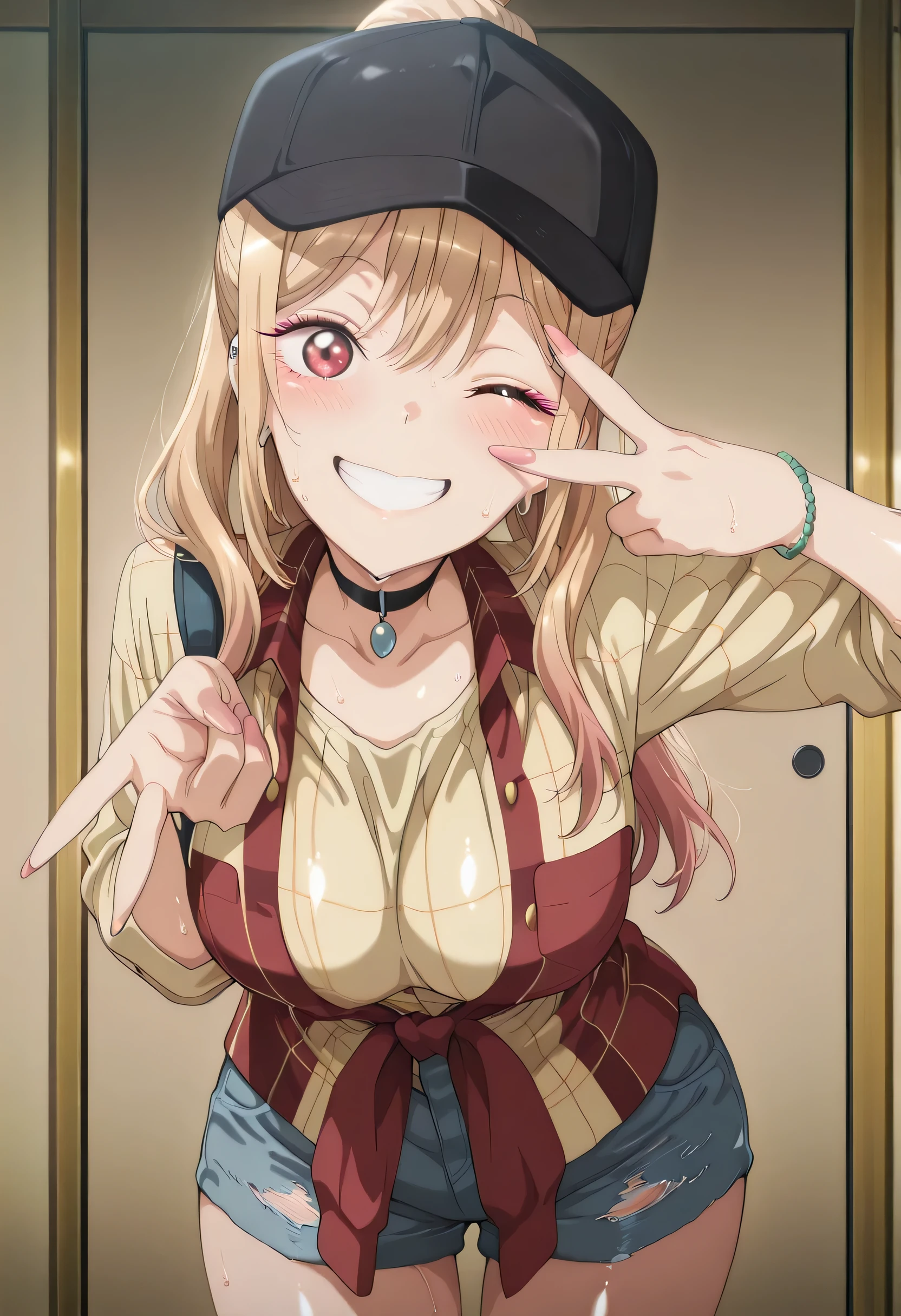 score_9 , score_8_up , score_7_source_anime detailed eyes,anime eyes,high detail eyes,multicolored iris,detailed iris,anime style, 4k masterpiece, best quality, girl, beautiful face, clean skin, shiny hair, shiny skin, beautiful face, perfect eyes, 4k high quality eyes, high quality brightness, best quality, 4k very aesthetic, absurd, perfect body quality, beautiful curves, perfect, perfect genitals, beautiful ambient light, beautiful aesthetics, very realistic scenery, 4k high quality, masterpiece, best quality, absurd, latest, high resolution, official art, best quality, absurd, latest, high resolution, official art, screenshot, anime screenshot, anime coloring, 1girl marin, kitagawa marin, multicolored hair, gradient hair, colored tips, long hair, blonde hair, red eyes, marin-measure, black baseball cap, black choker, collared shirt, plaid yellow shirt, striped shirt, sleeves rolled up, pendant, denim shorts, untucked shirt, large breasts, shiny skin, wet body, wet clothes, shiny oiled skin, sweat,shiny hair, <lora:gyaru-v-illustriousxl-lora-nochekaiser:1>, gyaruv, solo, looking at viewer, blush, smile, cowboy shot, teeth, one eye closed, v, leaning forward, v over eye,