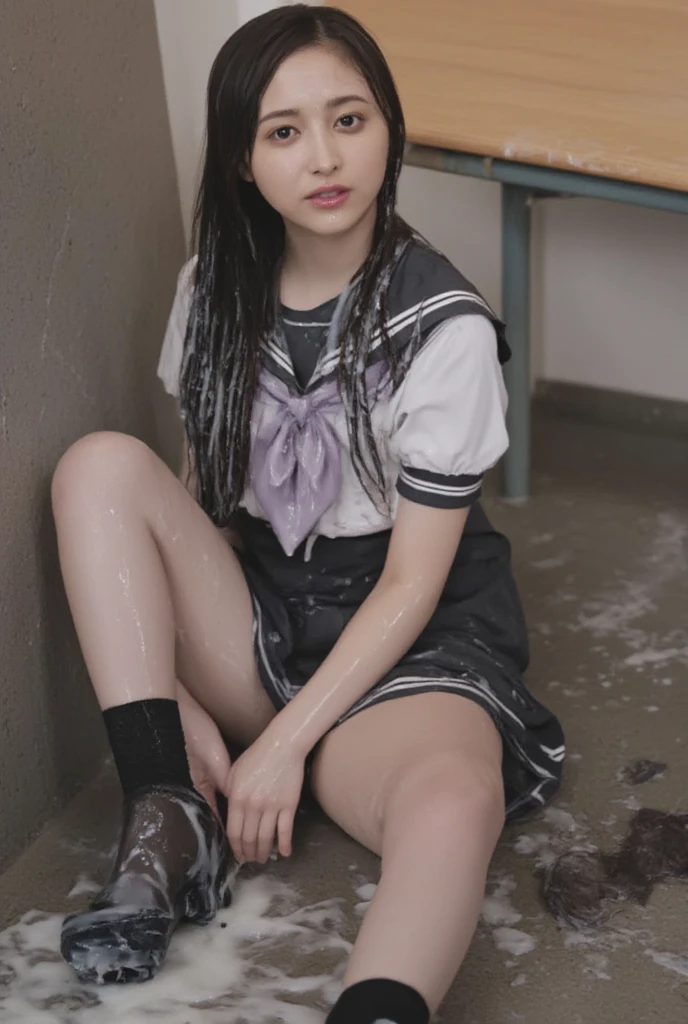 1 girl, woman, emo_hairstyle, Red lipstick, collar, Eyeliner, eyeshadow, smoky eyes, realistic lighting, school, shirt, tie, skirt, Black Stockings, long hair, flat chest, shiny skin, complacent, grin, pissing stream, pissing through panties