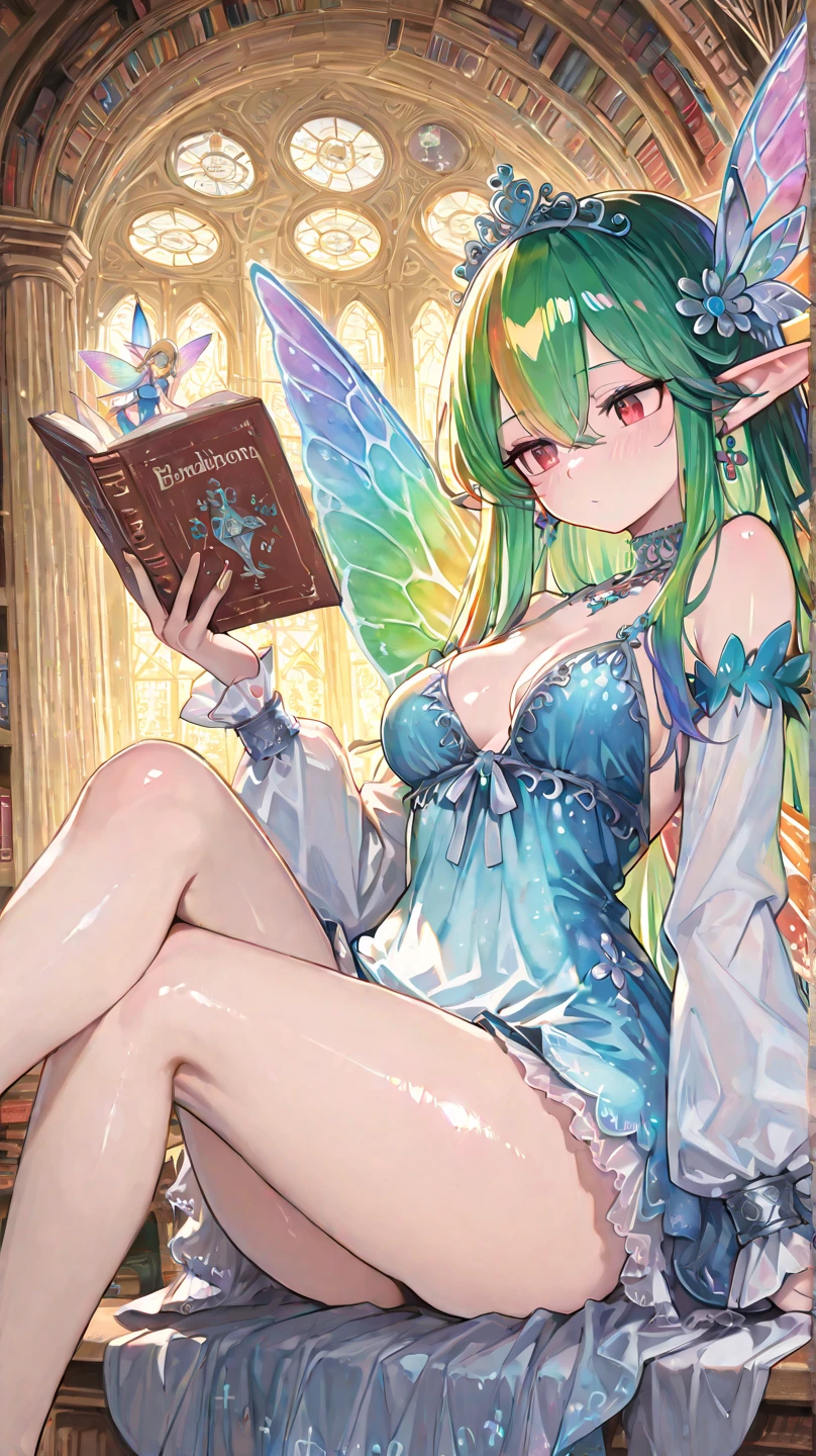 (masterpiece, best quality), 1girl, fullbody, big breasts, collarbone, model posture, hands on chest, from above, on knee
Faerie enchantress, iridescent wings with sparkling dust, wand with a glittering star at the tip, fairy flower crown with enchanted blossoms, mushroom circle with a fairy ring, book of fairy tales with hidden enchantments