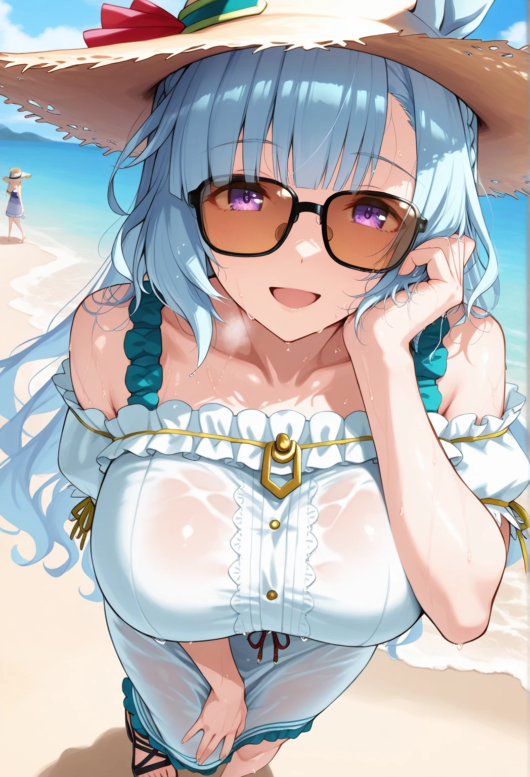 15yo girl, silver blueish hair, hime cut, long hair, erotic string slingshot swimsuit, leopard pattern, J cup breast, thicc thigh, hourglass figure, beach scene, clear view, innocent smile, pink love shape glasses