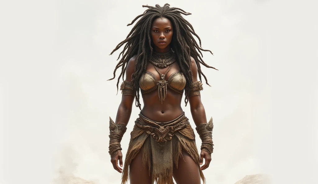 modelshoot style, (extremely detailed 8k wallpaper, Ultrarealistic:1.3),A Professional Full Body Photo, of a (beautiful 20 years old female warrior of Equatorial Guinean origin with a (very detailed very long hair with an intricate hairstyle:1.3)), Intricate, High Detail, dramatic, photo realistic, HDR, UHD, photography, subsurface scattering, (depth of field:0.3), (full body shot:1.3), full-length portrait, fantasy setting, village background, Style-Glass